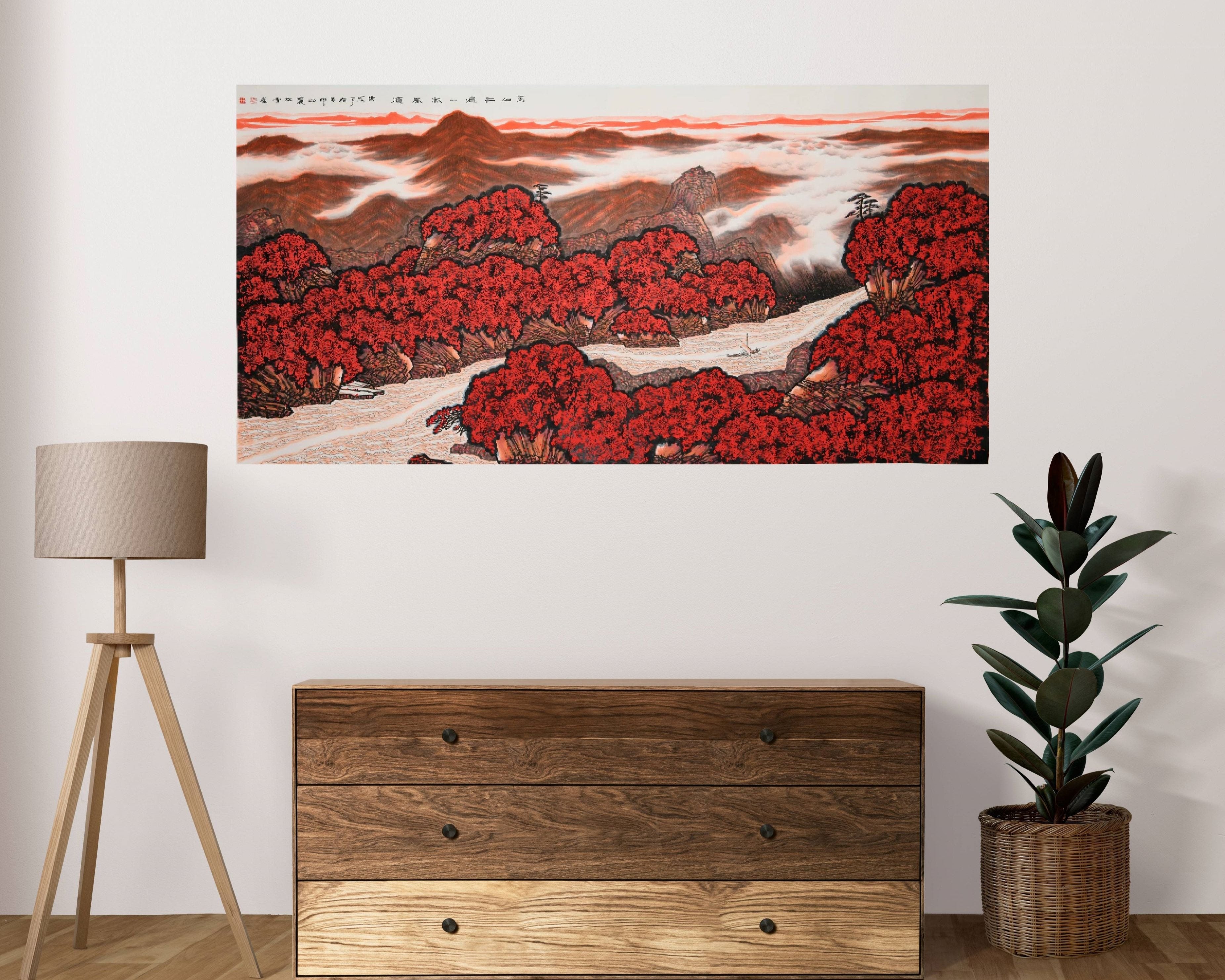 Traditional Chinese Landscape Painting of Mountains (Watercolor) – "Vast Red Mountains, Smooth Sailing (Wàn Shān Hóng Biàn · Yī Fān Fēng Shùn)" by Hong Guzi