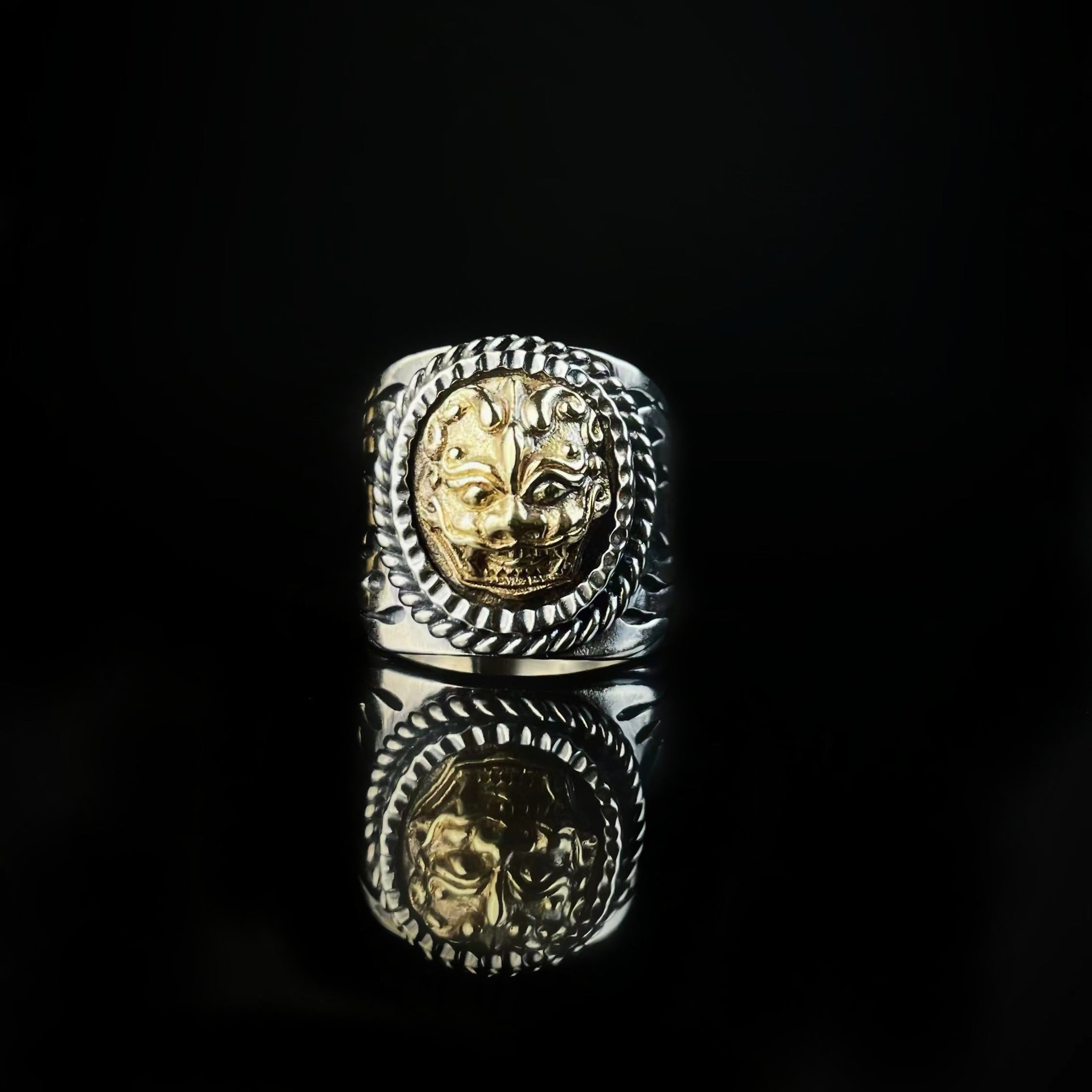 Sterling Silver Brass Lion Head Ring | Sculptural Flame Band Mens Jewelry