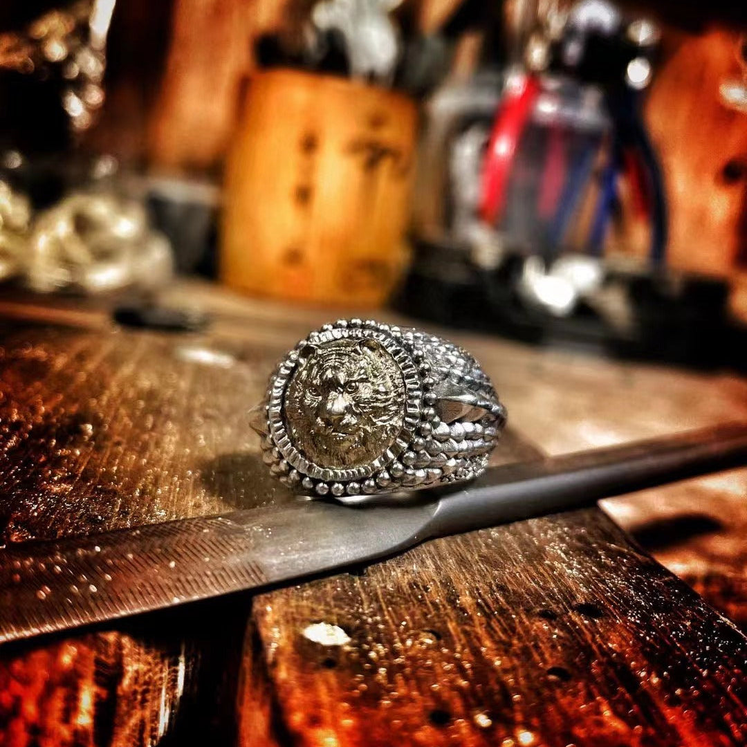 Tiger Head Ring with Dragon Scale Band