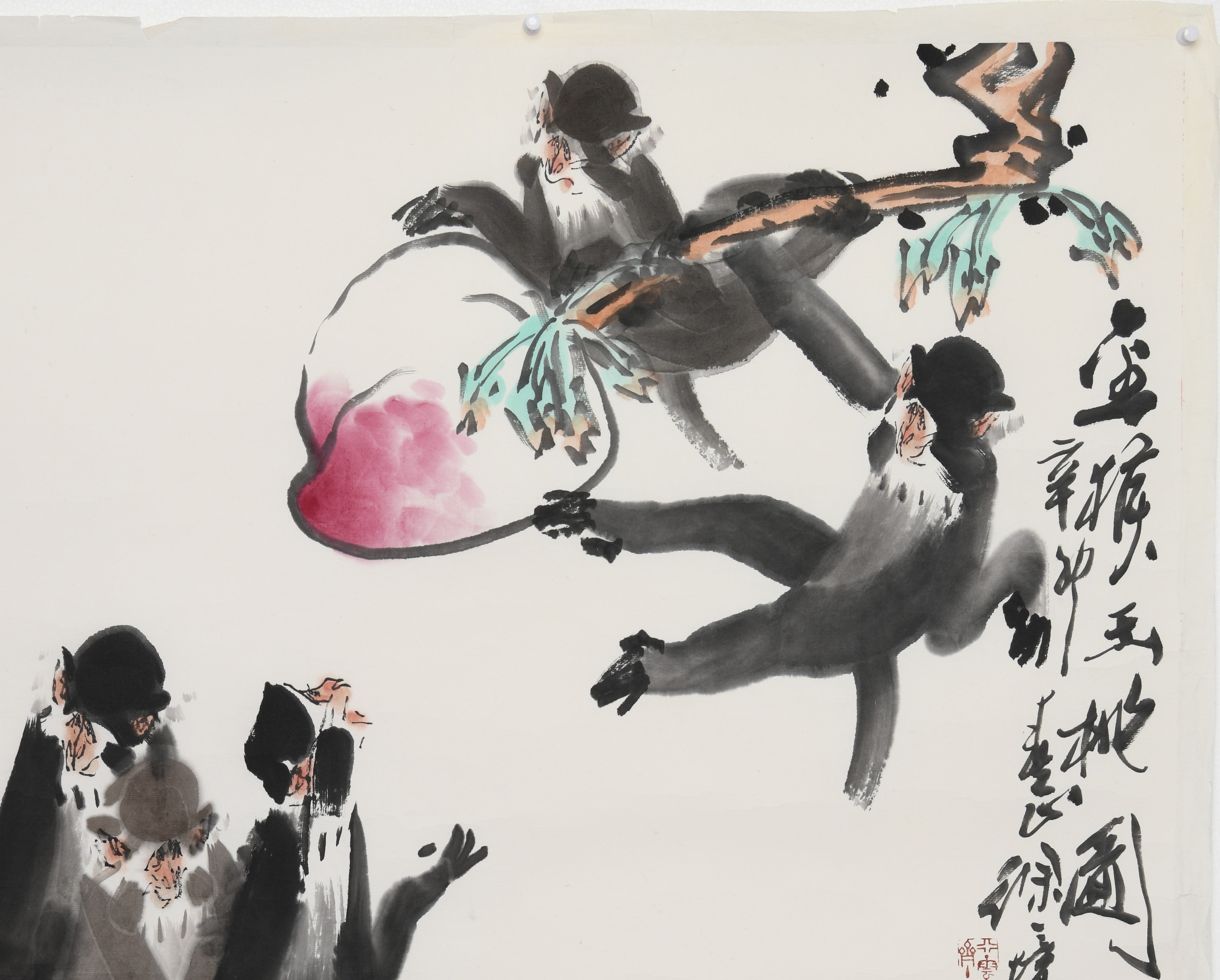 Vintage Traditional Chinese Ink Watercolor Painting – "Golden Monkey and Jade Peach" (Jīn Hóu Yù Táo) by Xu Peichen