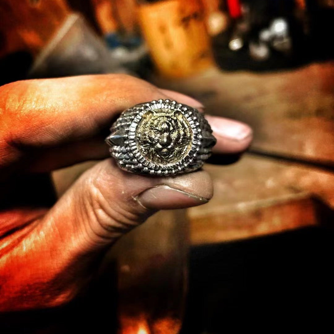 Tiger Head Ring with Dragon Scale Band