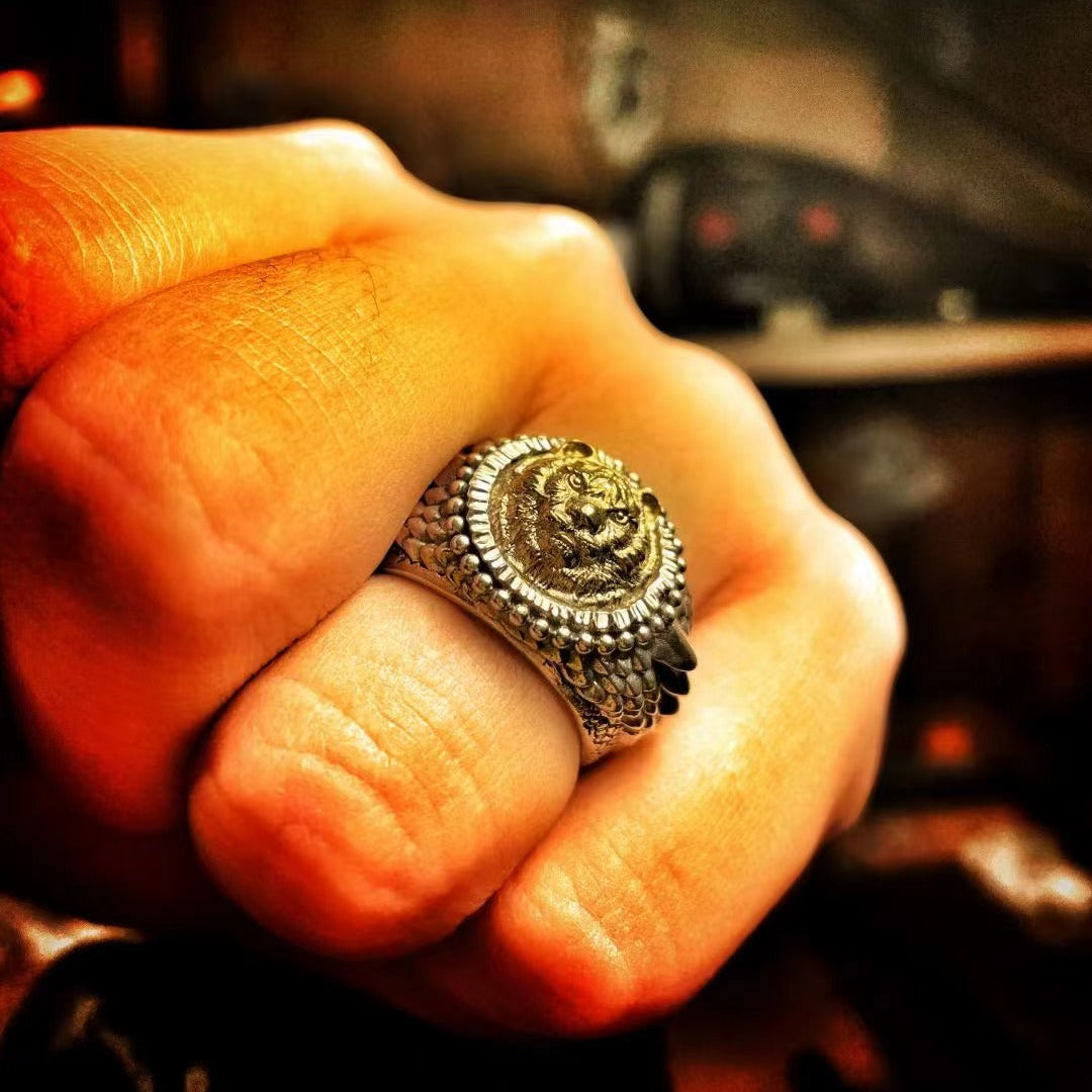 Tiger Head Ring with Dragon Scale Band
