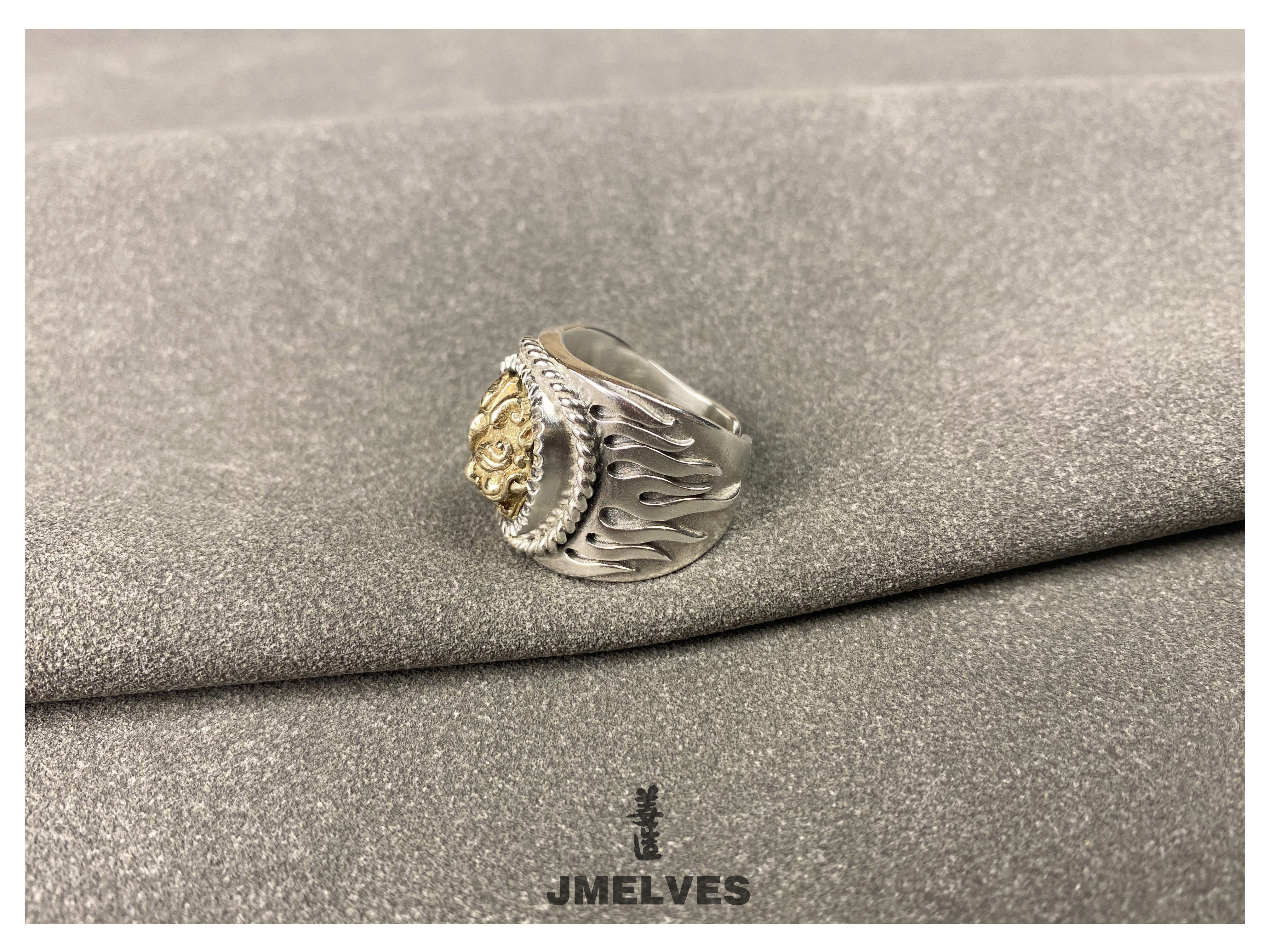 Sterling Silver Brass Lion Head Ring | Sculptural Flame Band Mens Jewelry