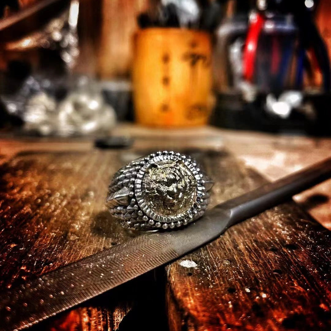 Tiger Head Ring with Dragon Scale Band