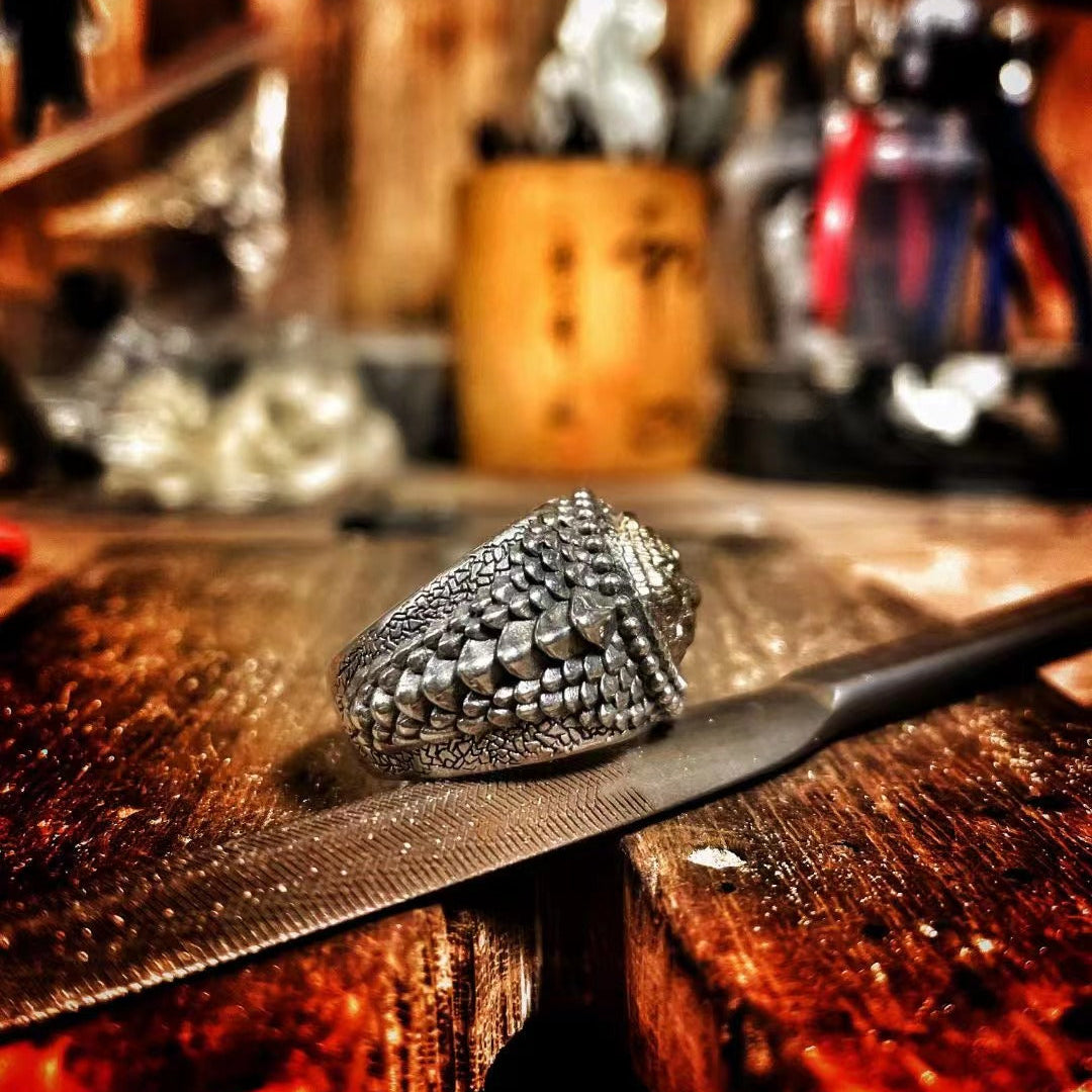 Tiger Head Ring with Dragon Scale Band