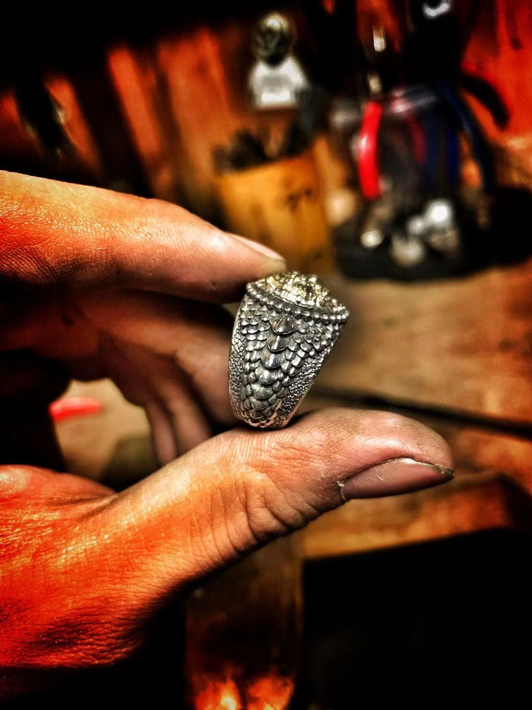 Tiger Head Ring with Dragon Scale Band