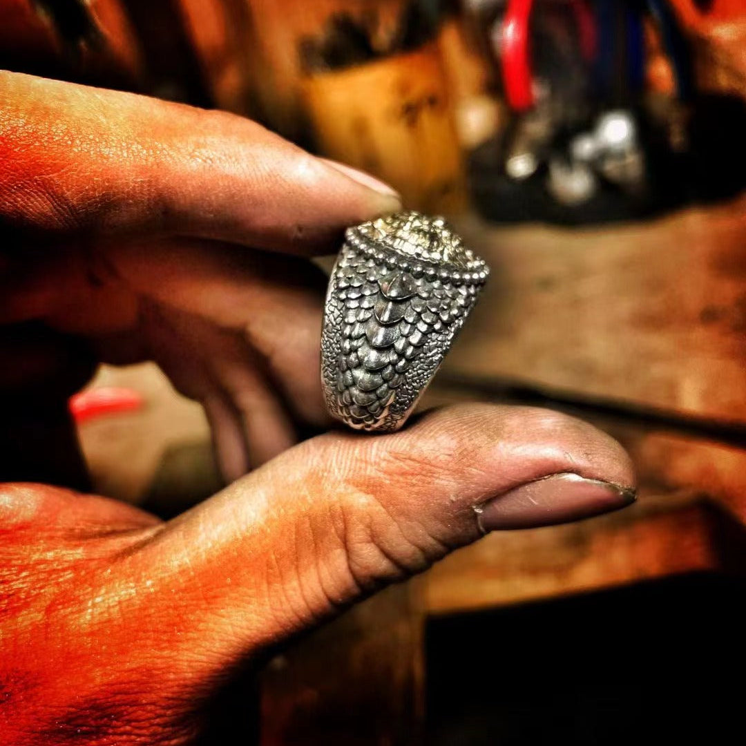 Tiger Head Ring with Dragon Scale Band
