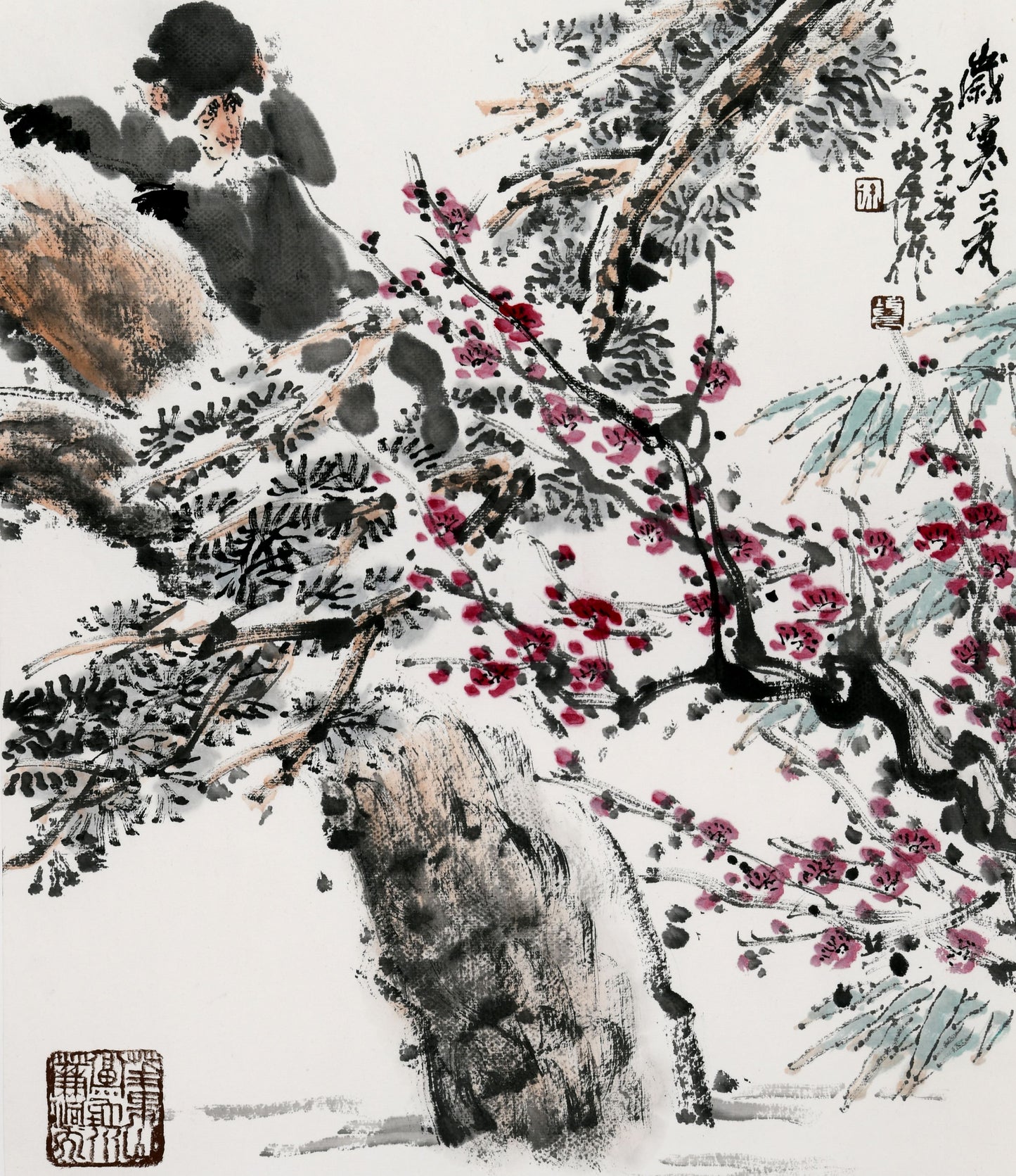 "Friends of Winter: Pine, Bamboo, Plum" (Suì Hán Sān Yǒu · Sōng Zhú Méi) by Xu Peichen – Vintage Traditional Chinese Ink Wall Hanging Painting