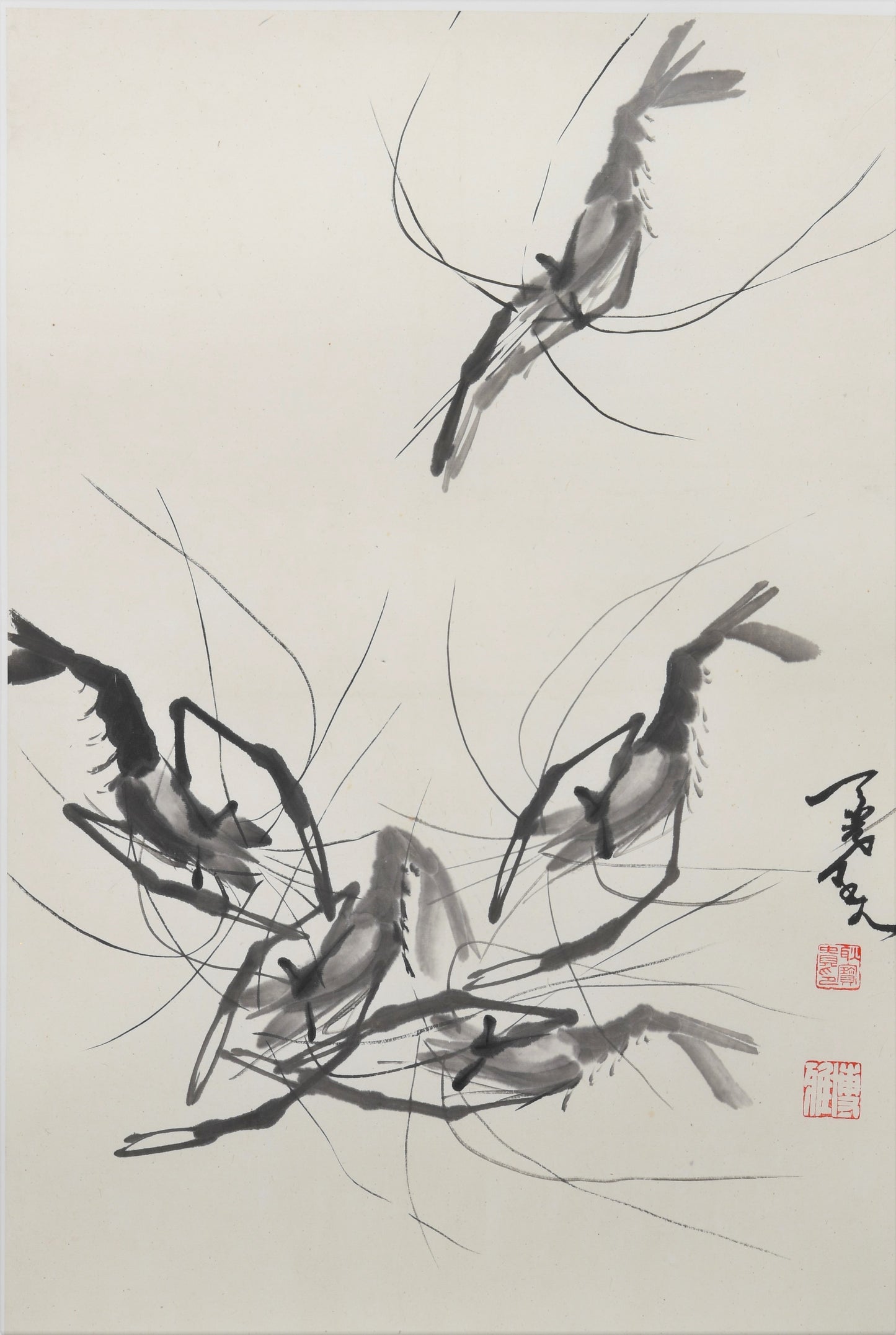 "Shrimp" (Xiā) by Geng Baogui – Vintage Traditional Chinese Asian Ink Hanging Painting