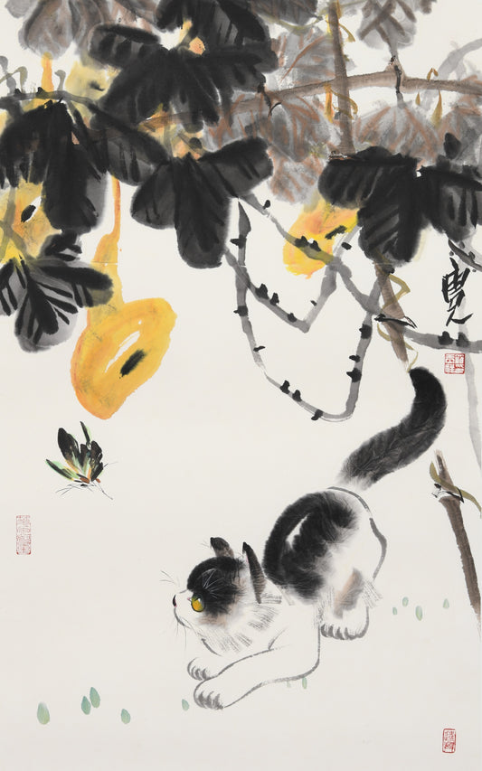 "Cat" (Māo) by Luo Yuxiang – Vintage Traditional Chinese Watercolor Ink Scroll Painting (5/5)