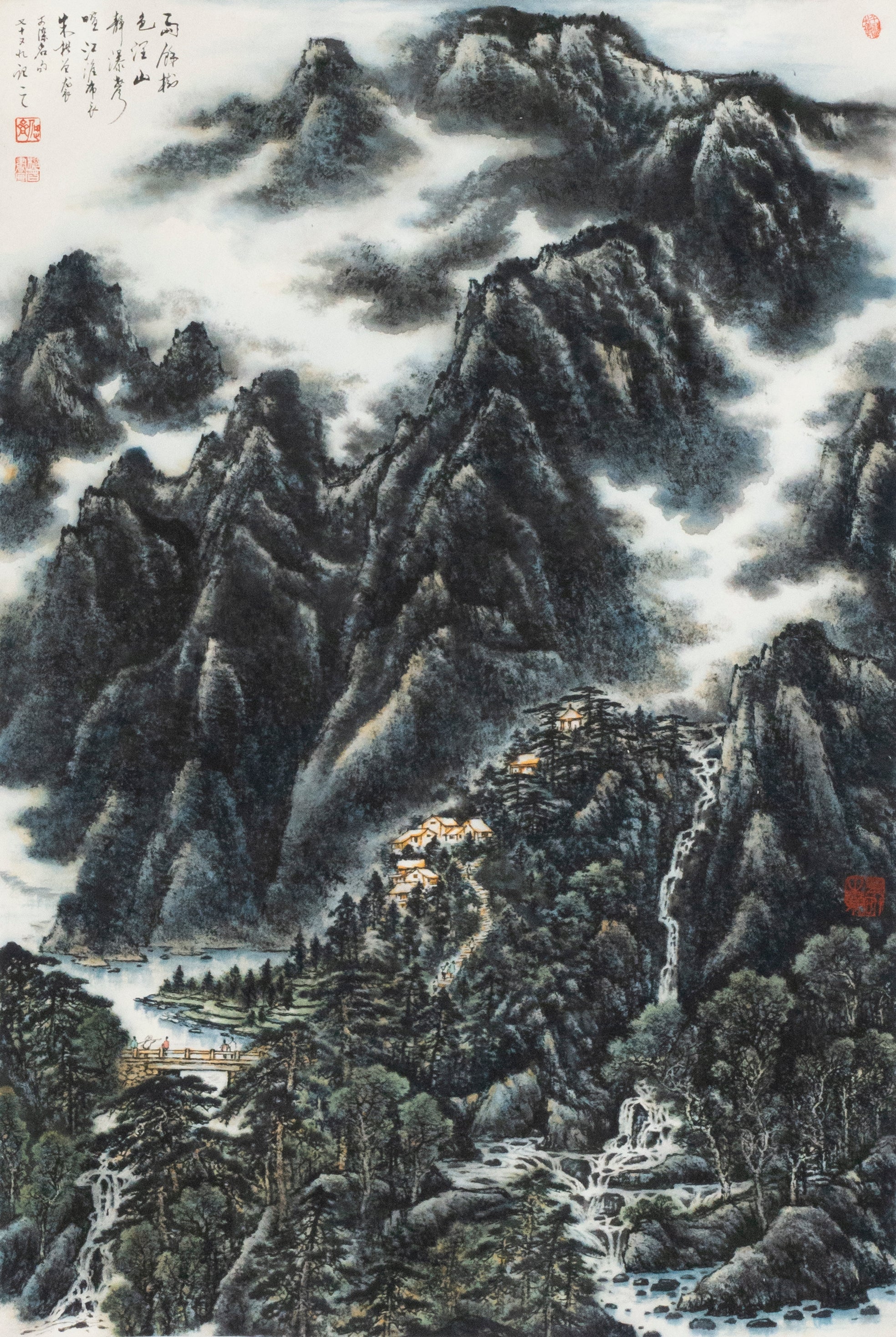 Traditional Chinese Mountain Landscape – "After the Rain, Trees' Color Deepens, Mountains Quiet, Waterfall's Sound Roars" (Yǔ Yú Shù Sè Rùn, Shān Jìng Pù Shēng Xuān) by Zhu Kai