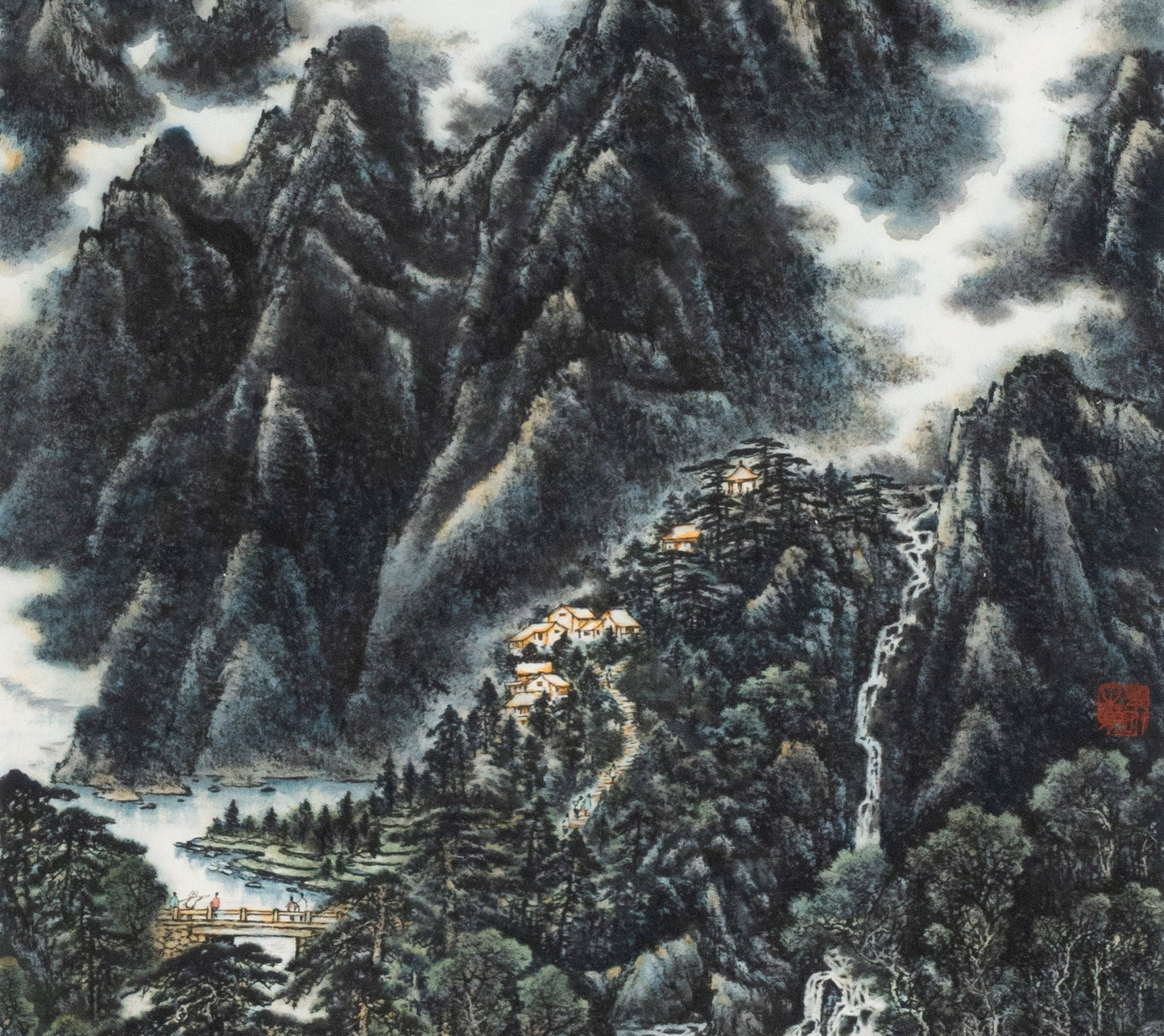 Traditional Chinese Mountain Landscape – "After the Rain, Trees' Color Deepens, Mountains Quiet, Waterfall's Sound Roars" (Yǔ Yú Shù Sè Rùn, Shān Jìng Pù Shēng Xuān) by Zhu Kai