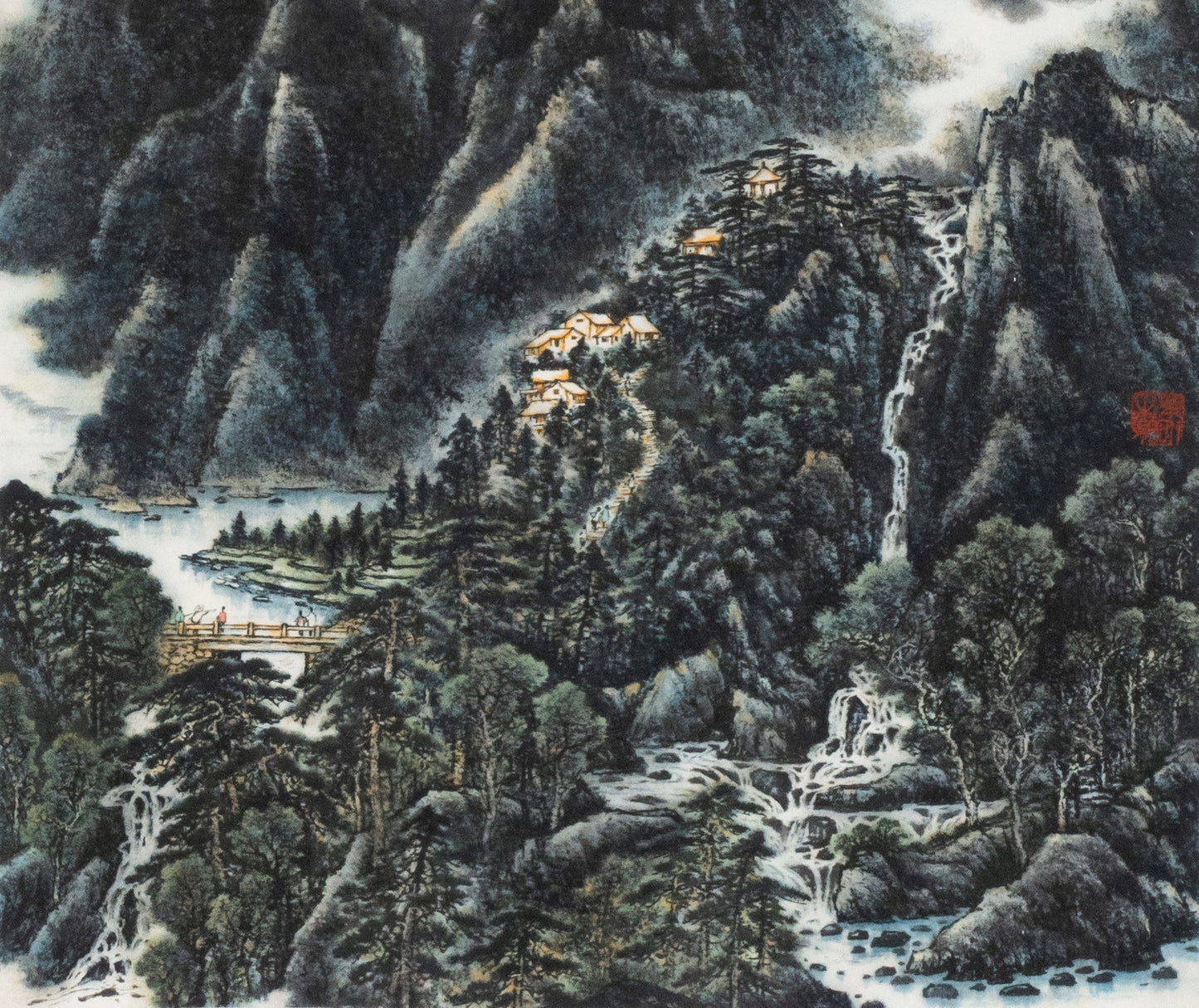 Traditional Chinese Mountain Landscape – "After the Rain, Trees' Color Deepens, Mountains Quiet, Waterfall's Sound Roars" (Yǔ Yú Shù Sè Rùn, Shān Jìng Pù Shēng Xuān) by Zhu Kai