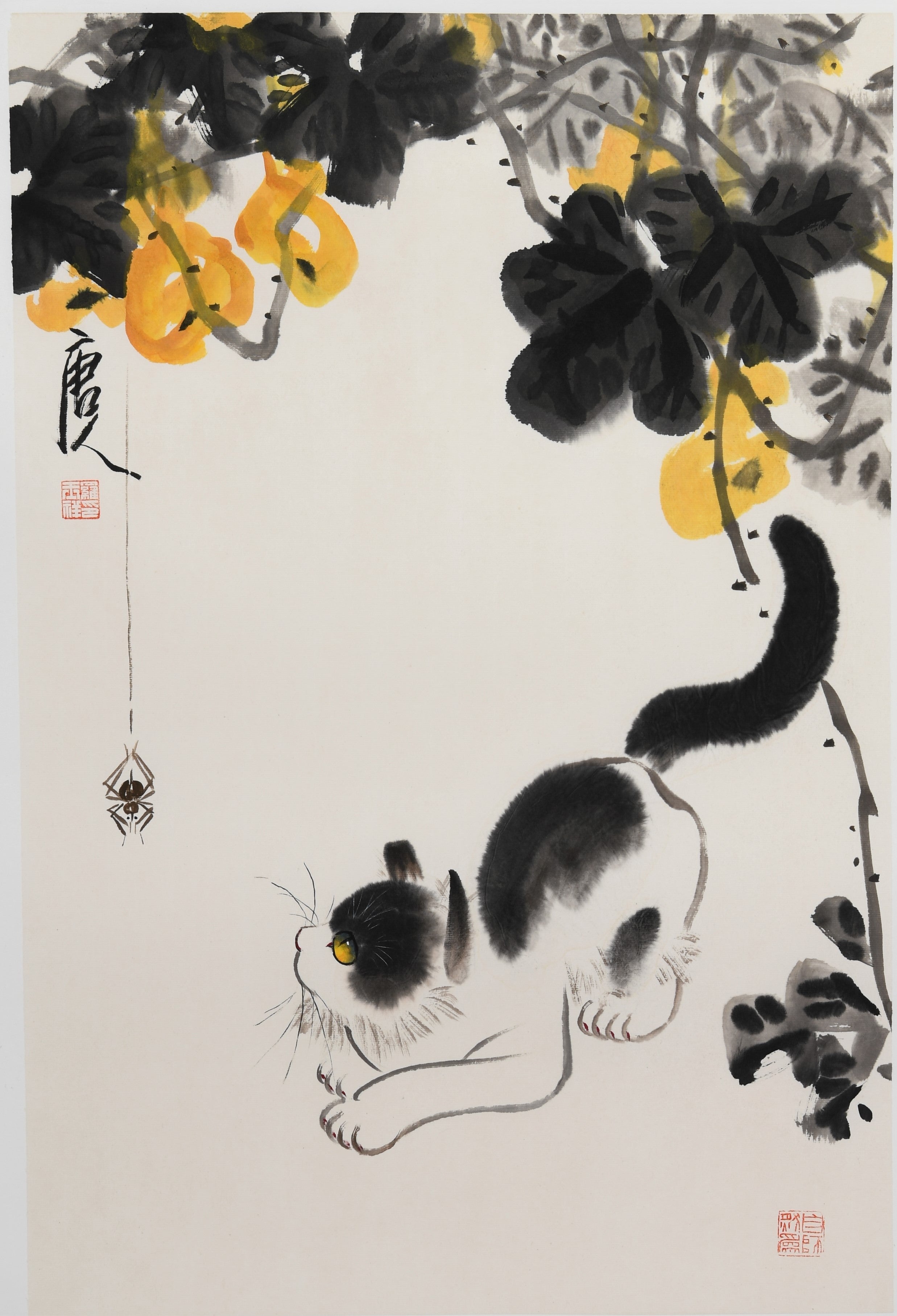 "Cat" (Māo) by Luo Yuxiang – Vintage Traditional Chinese Watercolor Ink Scroll Painting (1/5)