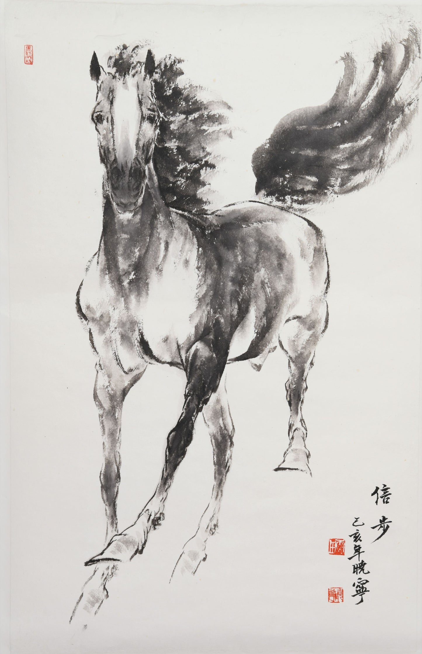 Traditional Chinese Ink Wall Hanging Scroll Painting – "Leisurely Stroll" (Xìnbù) Horse by Lei Xiaoning