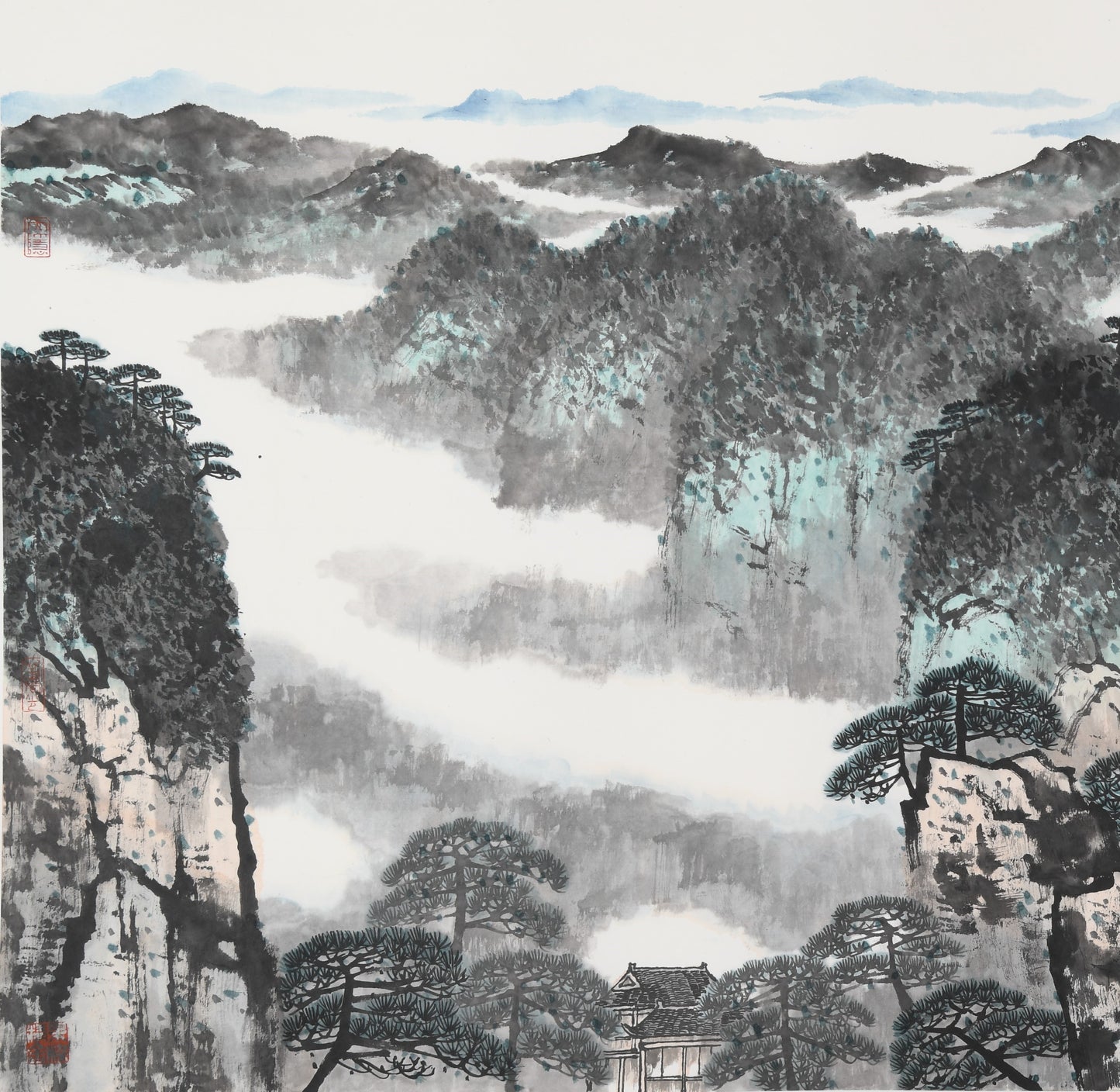 "Emerald Peaks and Pine Clouds" (Cuì Lǐng Sōng Yún) by Mo Xiangming – Traditional Chinese Landscape Painting of Mountains (Ink, Watercolor)