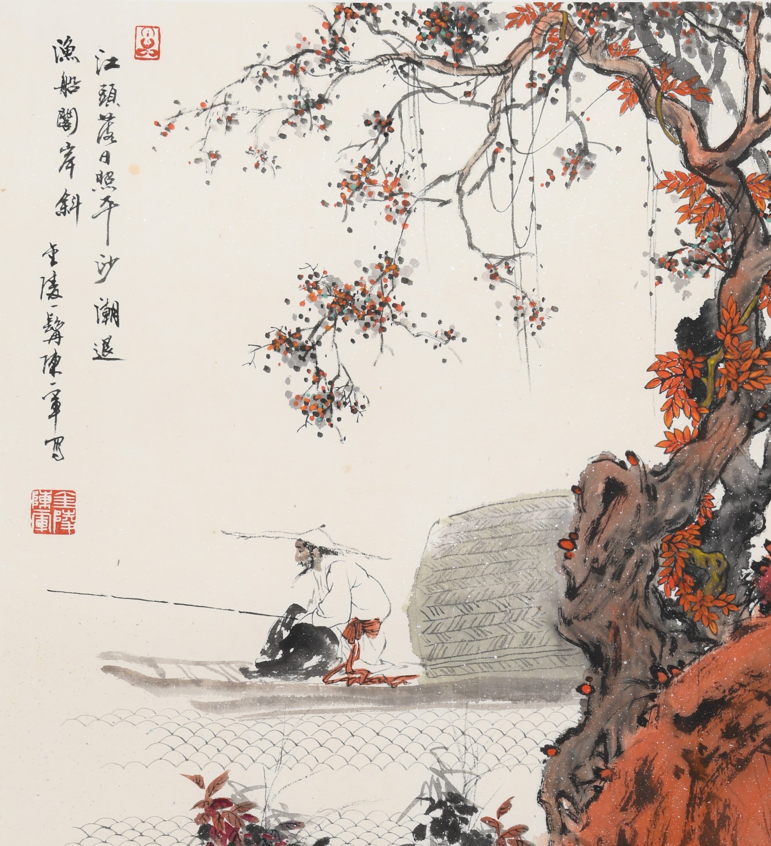 Vintage Traditional Chinese Heavy Ink Painting – "Solitary Fishing in Autumn River" (Qiū Jiāng Dú Diào) by Chen Yijun