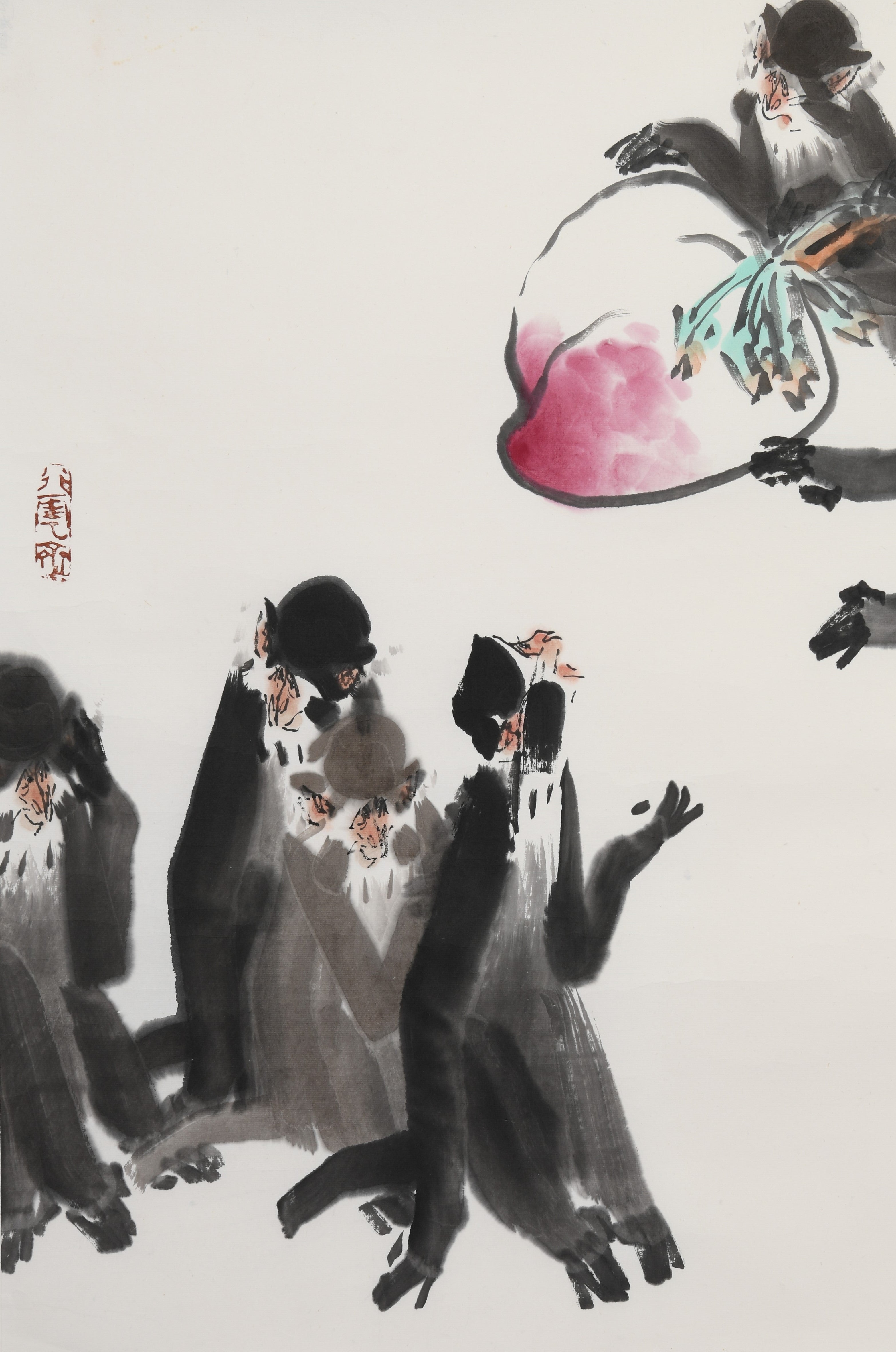 Vintage Traditional Chinese Ink Watercolor Painting – "Golden Monkey and Jade Peach" (Jīn Hóu Yù Táo) by Xu Peichen