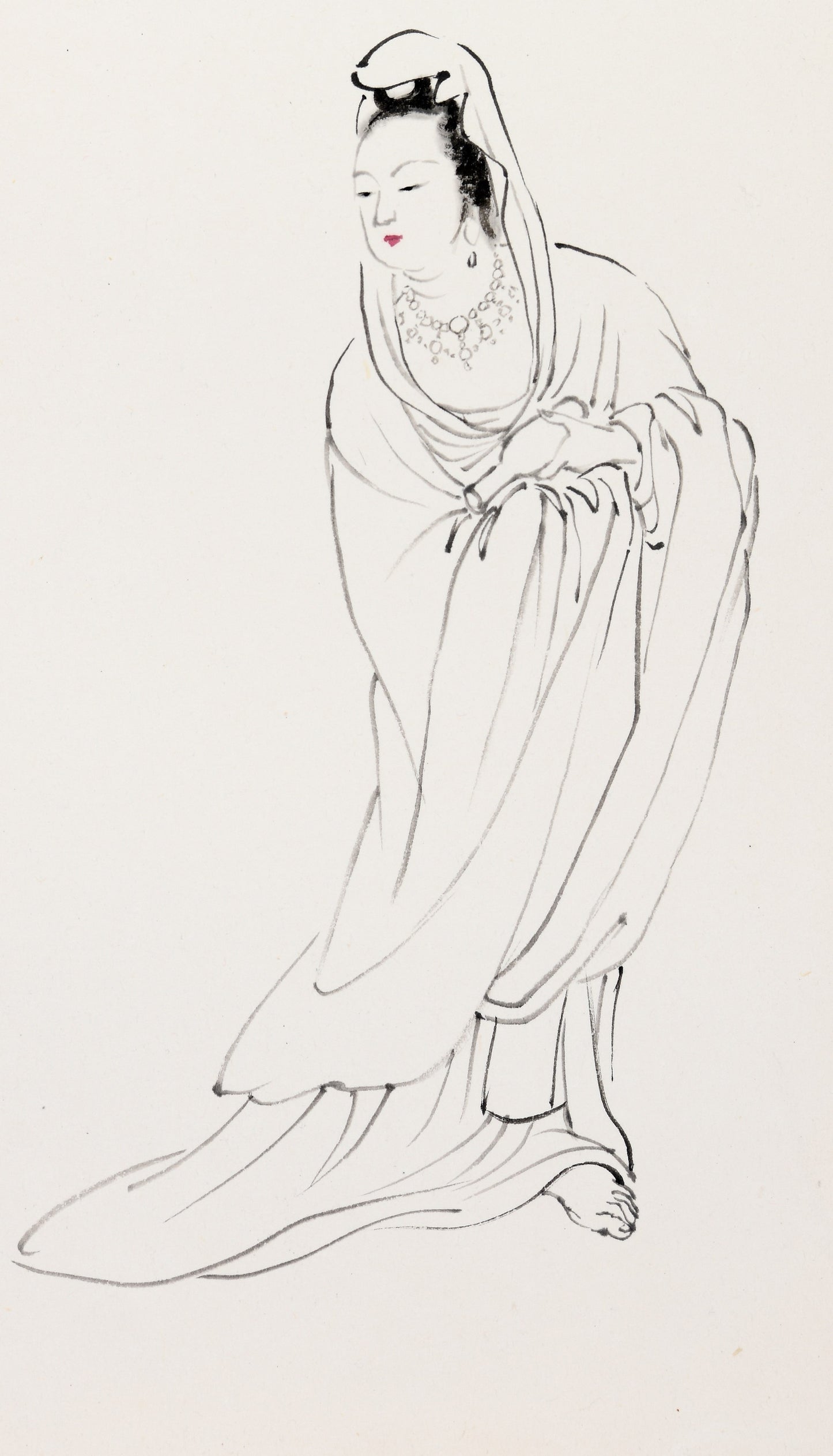 "Guanyin" (Guānyīn) by Zhang Wei – Vintage Traditional Chinese Asian Art Ink Line Drawing Painting