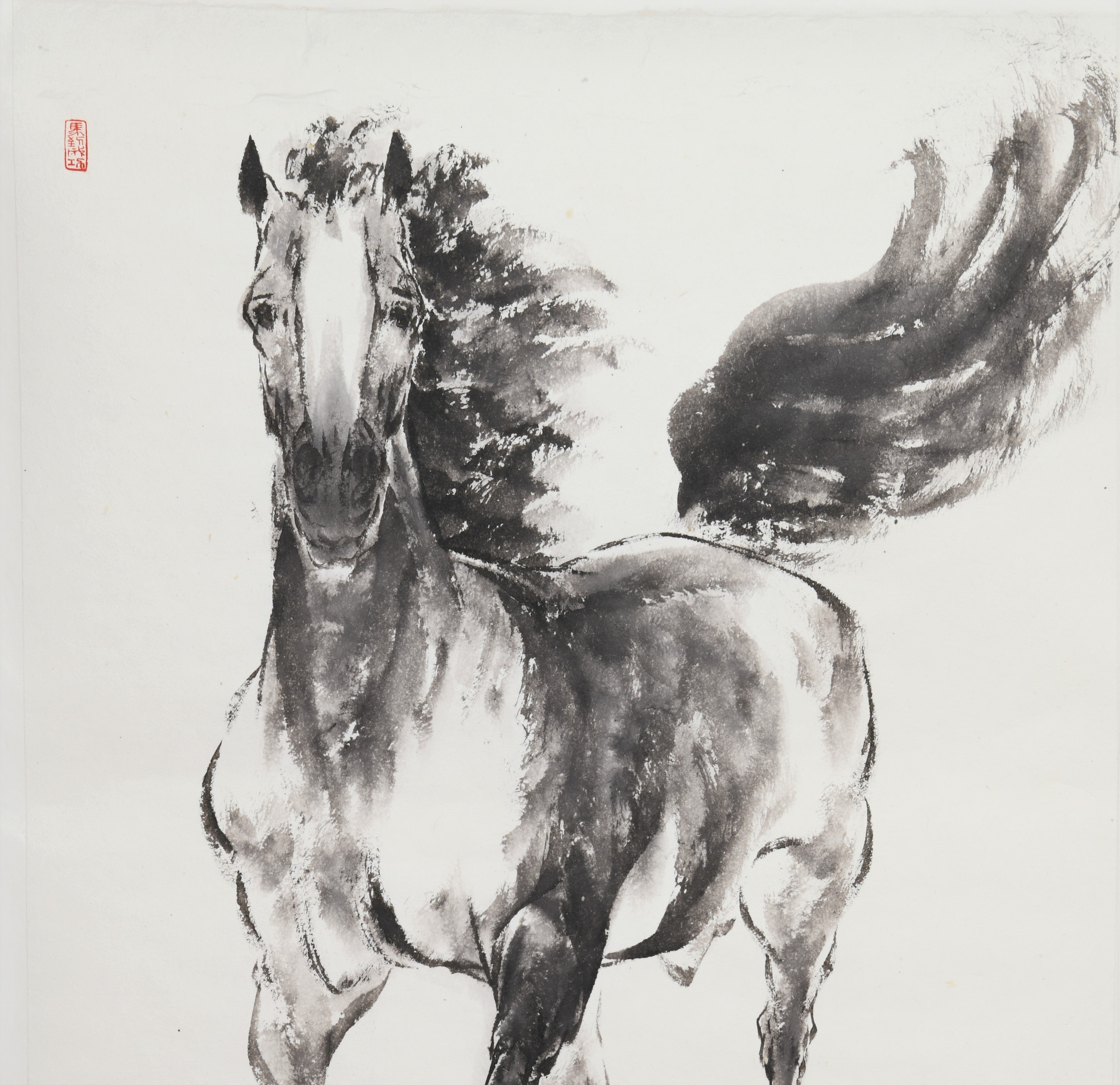 Traditional Chinese Ink Wall Hanging Scroll Painting – "Leisurely Stroll" (Xìnbù) Horse by Lei Xiaoning