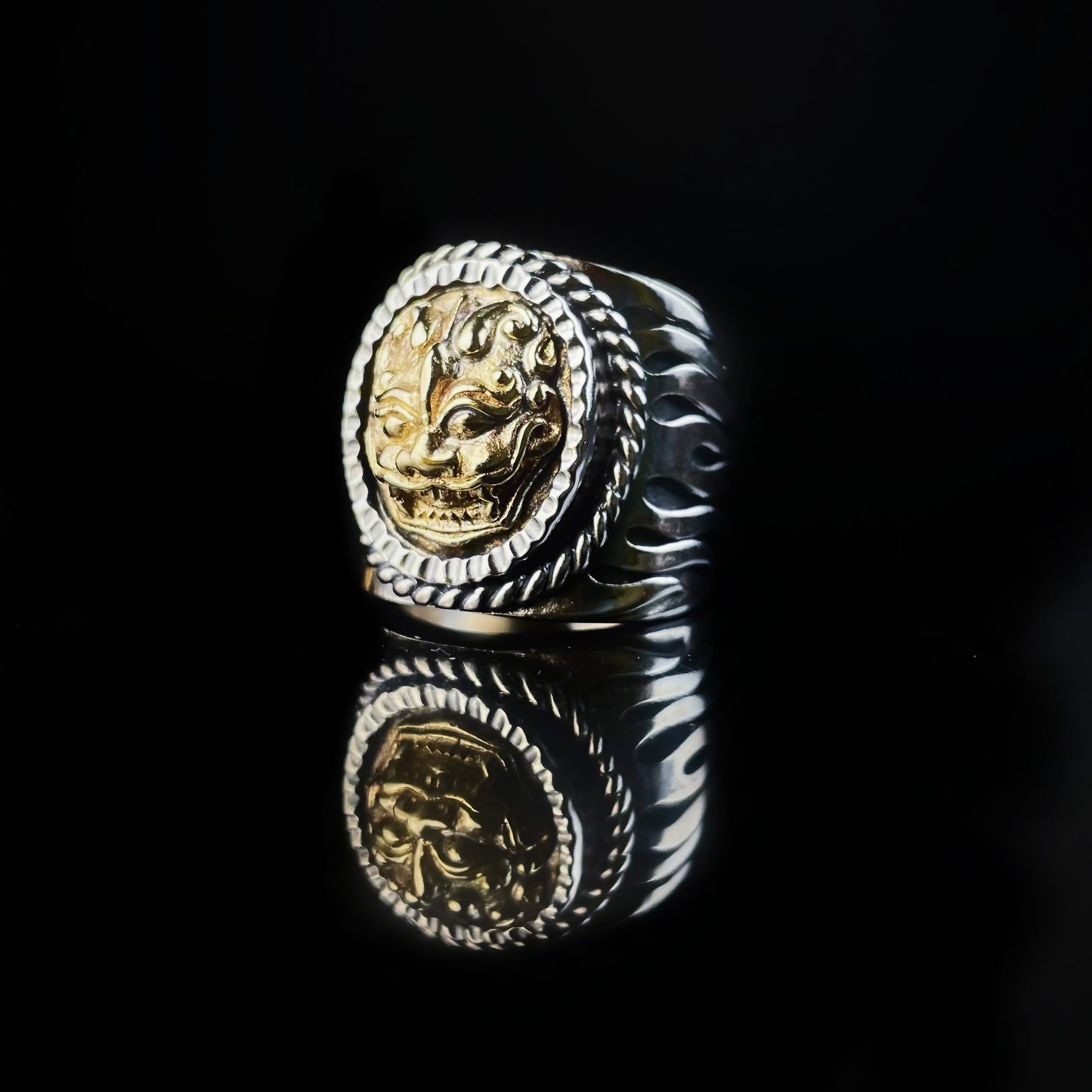 Sterling Silver Brass Lion Head Ring | Sculptural Flame Band Mens Jewelry