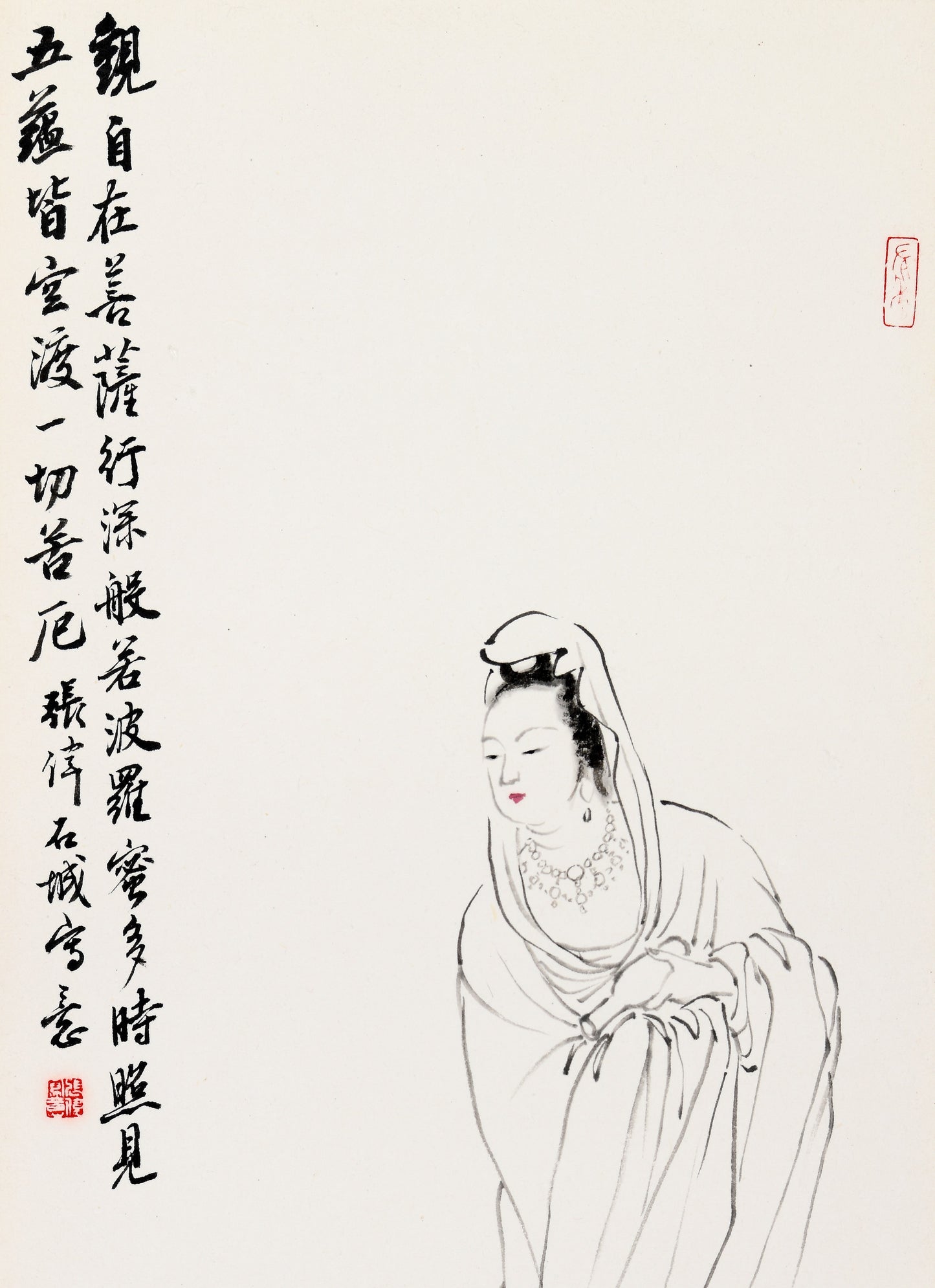 "Guanyin" (Guānyīn) by Zhang Wei – Vintage Traditional Chinese Asian Art Ink Line Drawing Painting