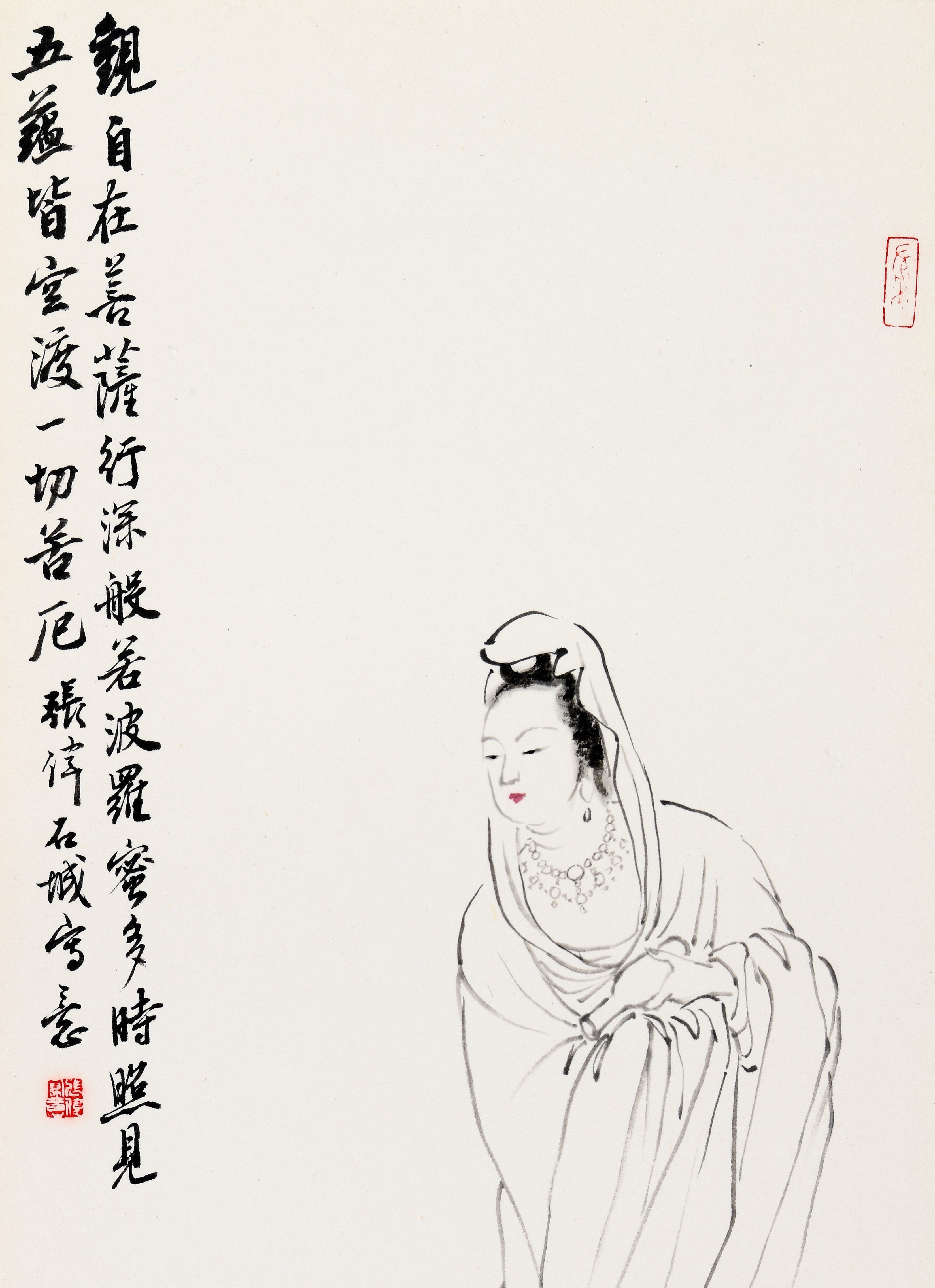 "Guanyin" (Guānyīn) by Zhang Wei – Vintage Traditional Chinese Asian Art Ink Line Drawing Painting