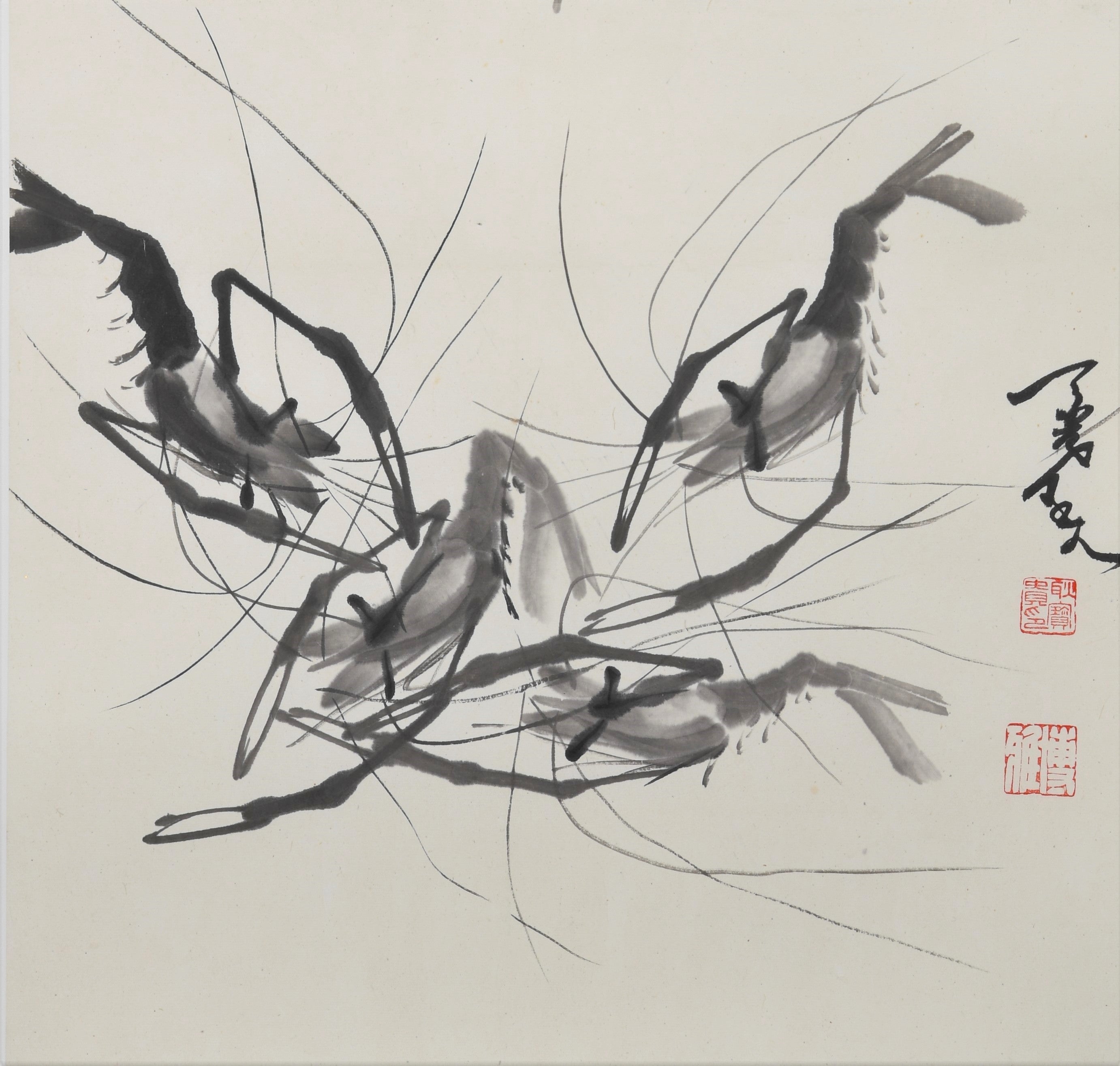 "Shrimp" (Xiā) by Geng Baogui – Vintage Traditional Chinese Asian Ink Hanging Painting