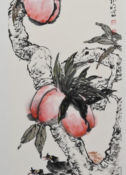 Traditional Chinese Asian Art Scroll Painting – "Longevity Peach" (Shòu Táo) by Guo Zhaoming