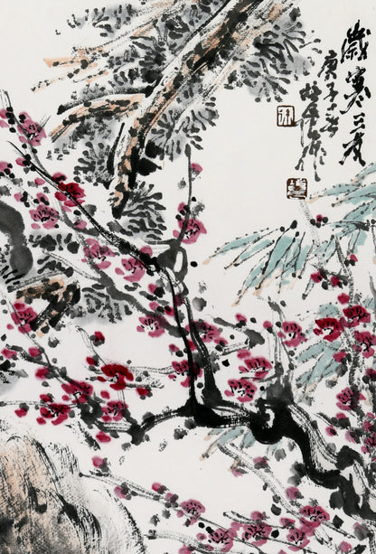 "Friends of Winter: Pine, Bamboo, Plum" (Suì Hán Sān Yǒu · Sōng Zhú Méi) by Xu Peichen – Vintage Traditional Chinese Ink Wall Hanging Painting