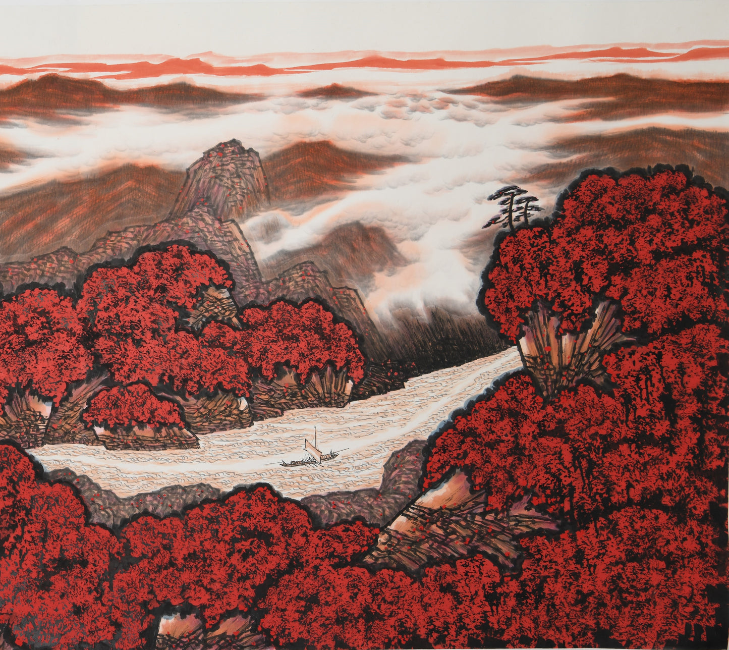 Traditional Chinese Landscape Painting of Mountains (Watercolor) – "Vast Red Mountains, Smooth Sailing (Wàn Shān Hóng Biàn · Yī Fān Fēng Shùn)" by Hong Guzi