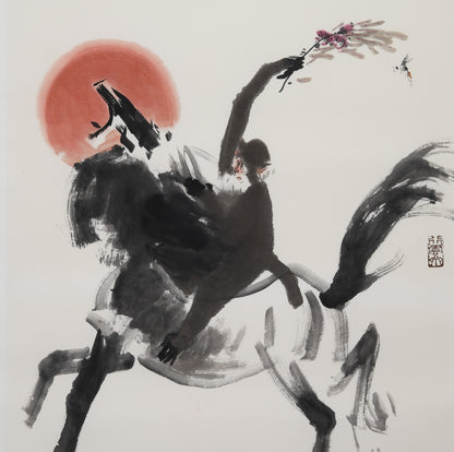 "Monkey Riding Horse" (Mǎ Shàng Fēng Hóu) by Xu Peichen – Traditional Chinese Ink Wall Hanging Scroll Painting