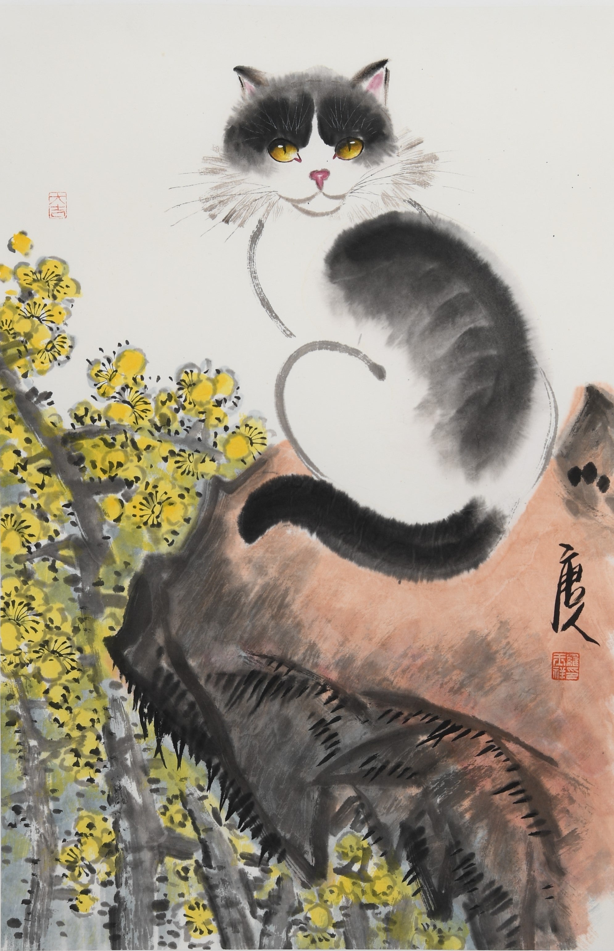 "Cat" (Māo) by Luo Yuxiang – Vintage Traditional Chinese Watercolor Ink Scroll Painting (3/5)