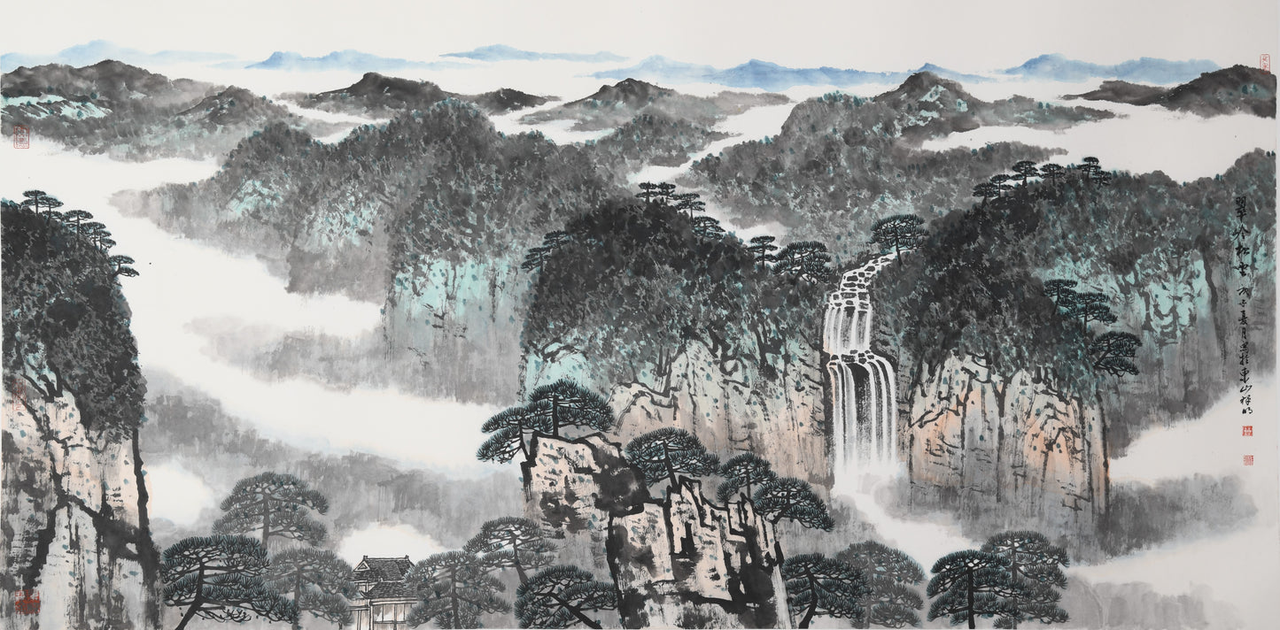 "Emerald Peaks and Pine Clouds" (Cuì Lǐng Sōng Yún) by Mo Xiangming – Traditional Chinese Landscape Painting of Mountains (Ink, Watercolor)