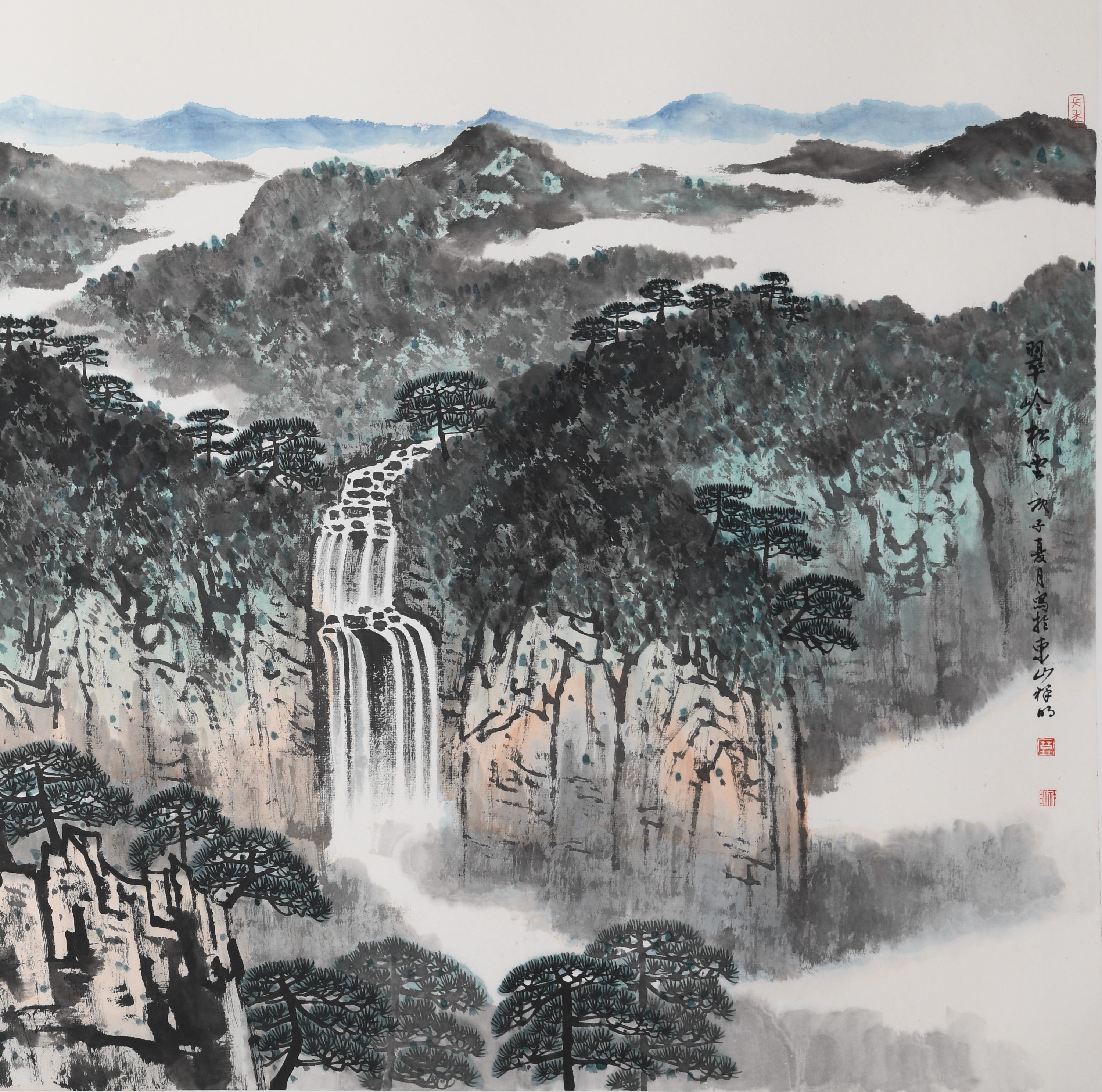 "Emerald Peaks and Pine Clouds" (Cuì Lǐng Sōng Yún) by Mo Xiangming – Traditional Chinese Landscape Painting of Mountains (Ink, Watercolor)