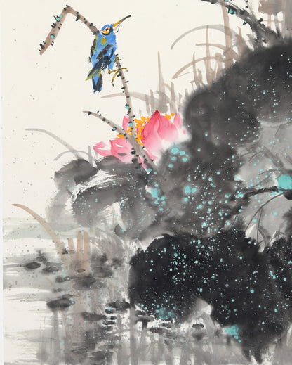 "Wild Charm of the Lotus Pond" (Hè Chí Yě Qù) – Elegant Chinese Flower and Bird Painting, Scroll Hanging Watercolor Masterpiece by Renowned Artist Liu Junpeng