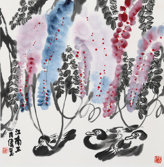 "Jiangnan in May: Crape Myrtle" (Jiāngnán Wǔyuè · Zǐwēi) by Gu Weixi – Elegant Freehand Chinese Watercolor Painting, Floral Artistry