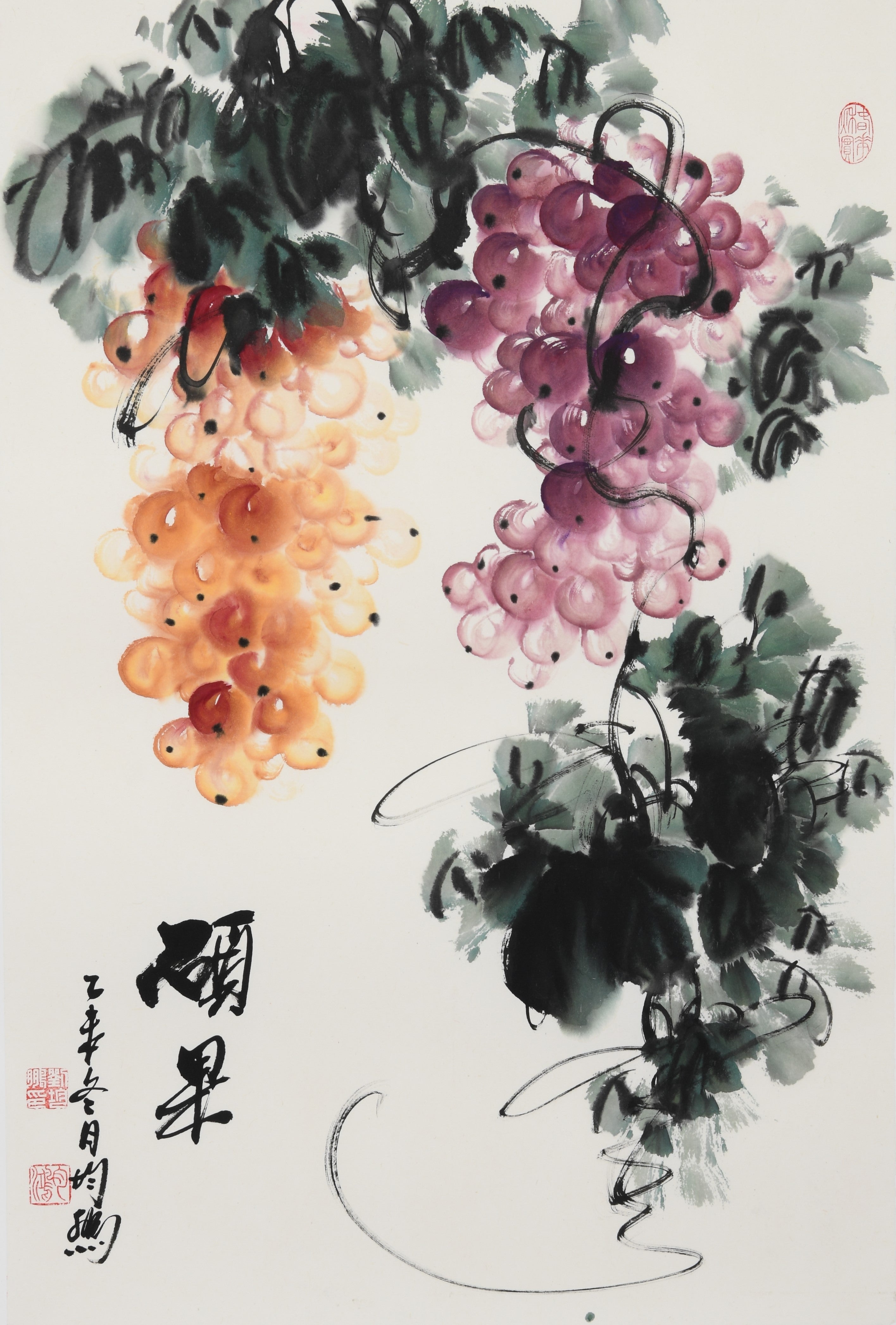 "Fruitful Harvest" (Shuò Guǒ) by Liu Junpeng – Traditional Chinese Watercolor Scroll Hanging Painting