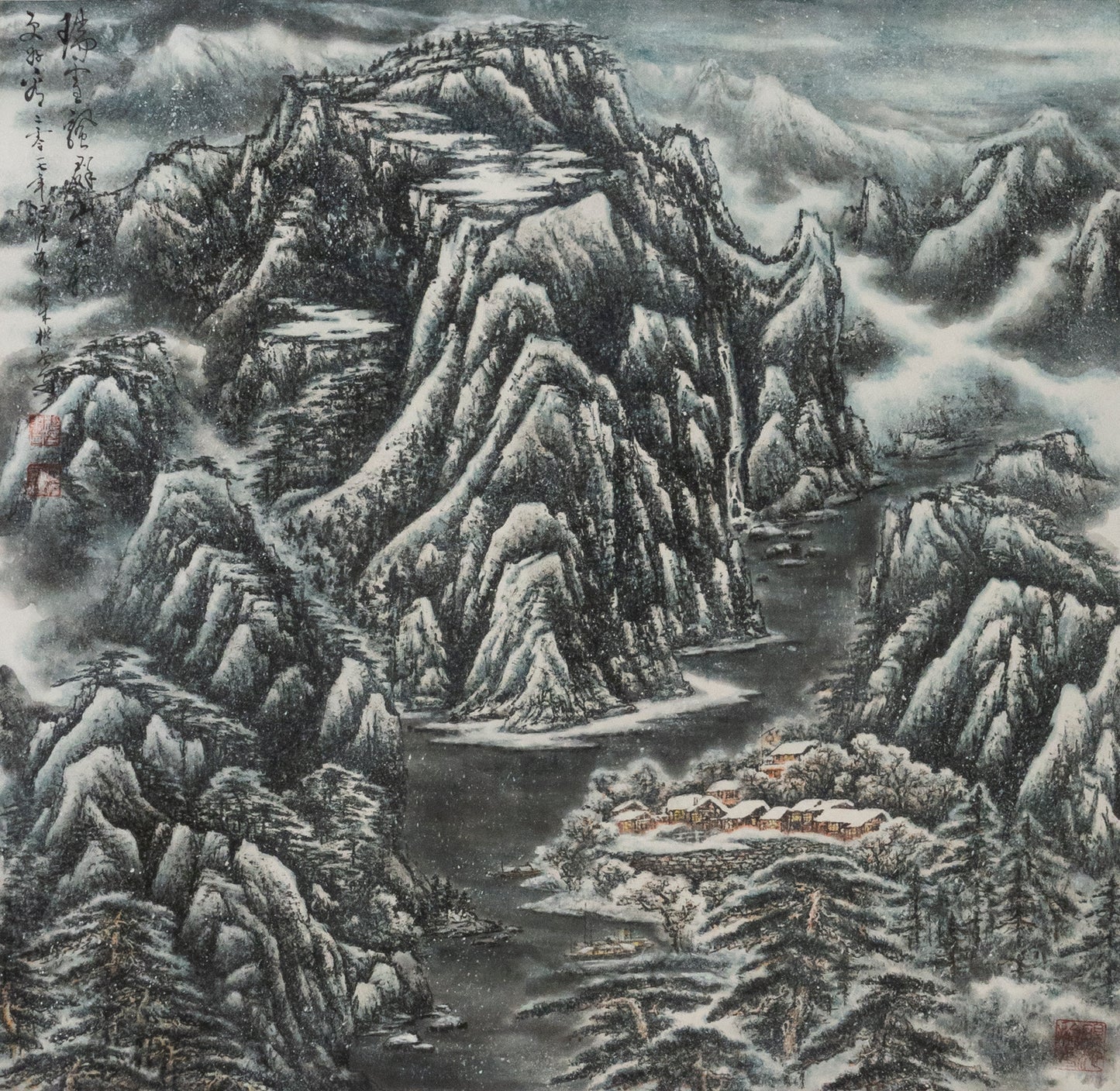 Traditional Chinese Mountain Landscape – "Harmony in Snow" (Ruì Xuě Piāo Qún Shān) by Zhu Kai