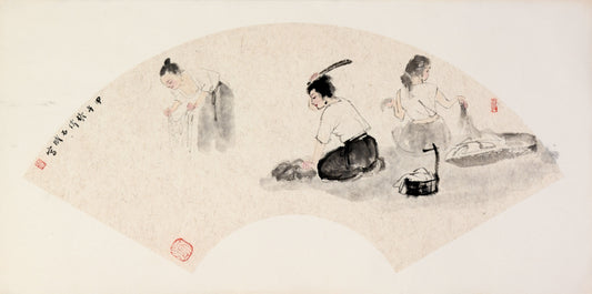 Vintage Traditional Chinese Ink Watercolor Fan Painting: "Fan Painting · Washing Clothes Woman (Shànmiàn · Huànyī Nǚ)" by Zhang Wei