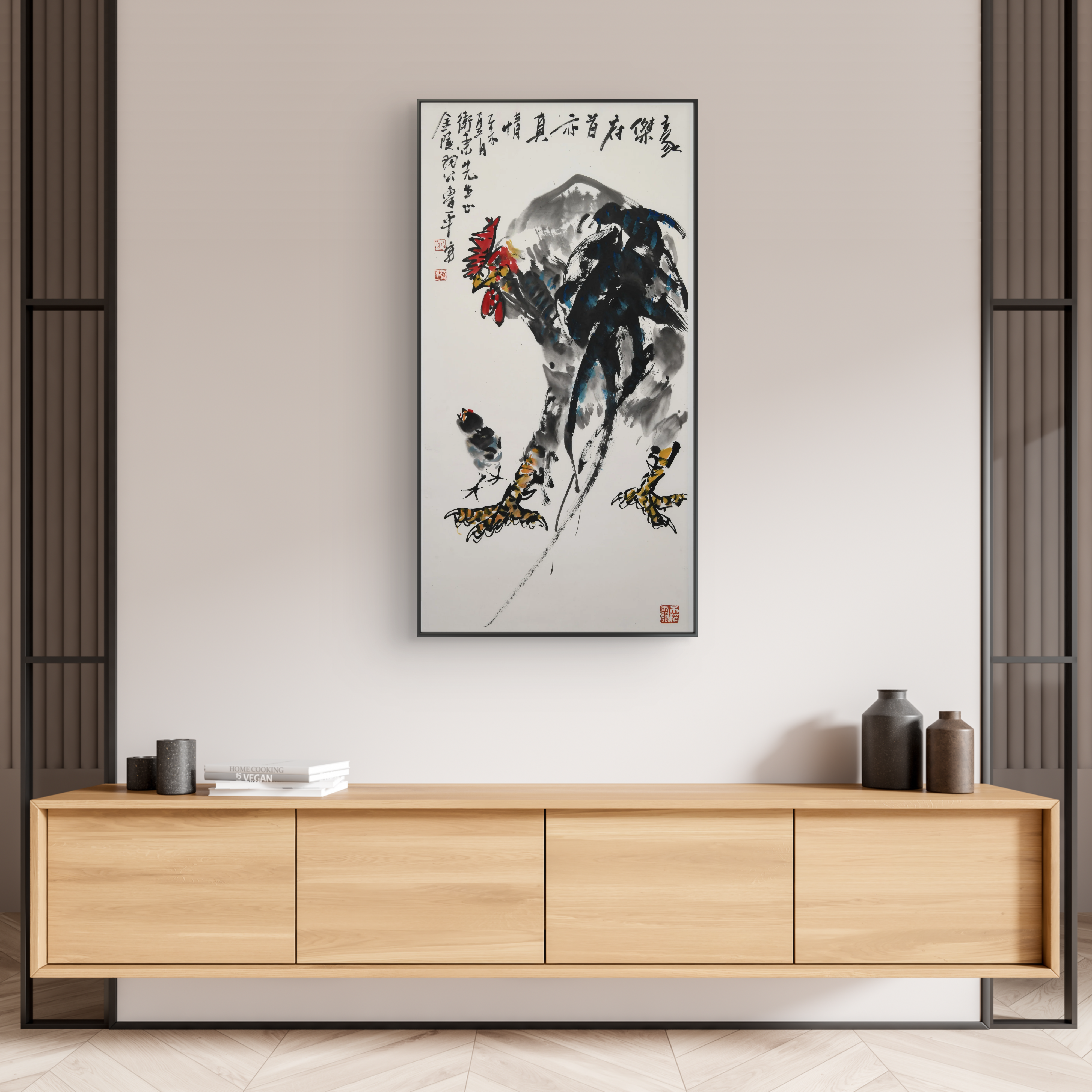 Vintage Traditional Chinese Watercolor Scroll Hanging Painting – "Rooster" (Gōng Jī) by Lu Ping