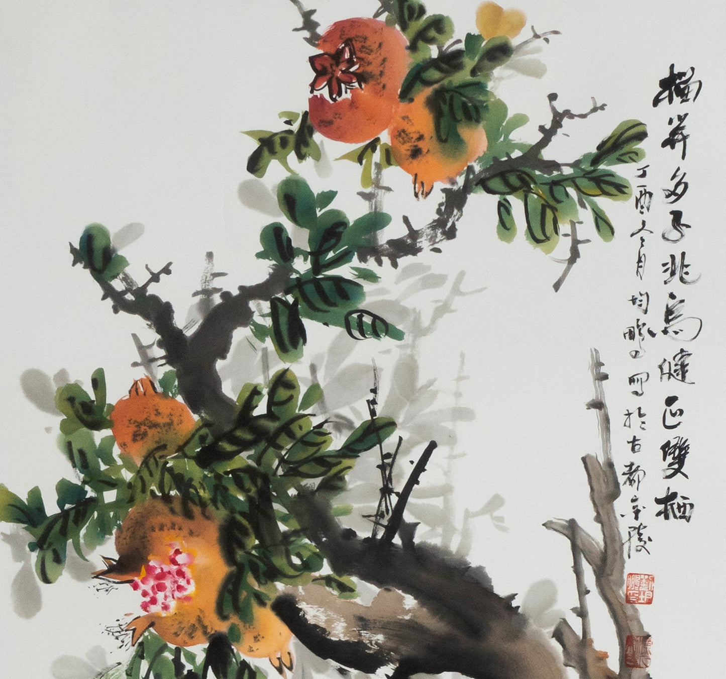 Traditional Chinese Bird and Flower Painting – "Pomegranate Blossoms Foretell Many Offspring, Birds Flourish and Perch in Pairs" (Liú kāi duōzǐ zhào niǎo jiàn zhèng shuāng qī) by Liu Junpeng