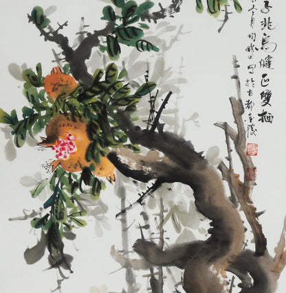 Traditional Chinese Bird and Flower Painting – "Pomegranate Blossoms Foretell Many Offspring, Birds Flourish and Perch in Pairs" (Liú kāi duōzǐ zhào niǎo jiàn zhèng shuāng qī) by Liu Junpeng