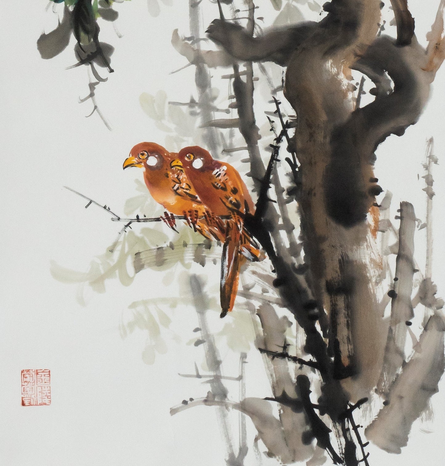 Traditional Chinese Bird and Flower Painting – "Pomegranate Blossoms Foretell Many Offspring, Birds Flourish and Perch in Pairs" (Liú kāi duōzǐ zhào niǎo jiàn zhèng shuāng qī) by Liu Junpeng