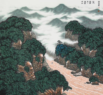 Traditional Chinese Watercolor Landscape Painting – "Thousands of Mountains and Layers of Stone, A Single Boat Cutting Through the River" (Qiān Shān Wàn Chóng Shí Yī Zhōu Pī Jiāng Liú) by Hong Guzi