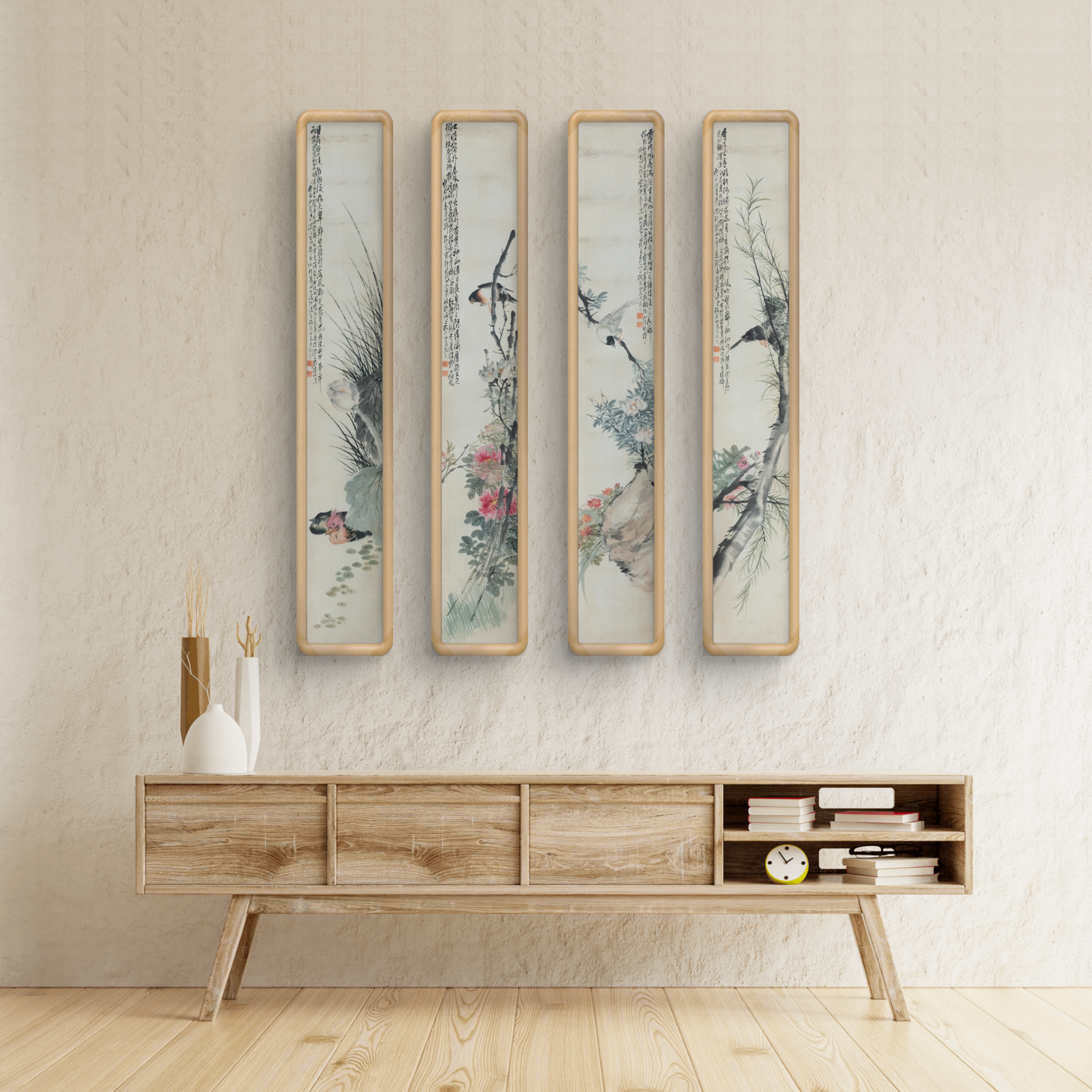 Qing Dynasty Masterpiece – Traditional Chinese Art Painting in Watercolor: "Four-Panel Flowers and Birds" (Huā Niǎo Sì Tiáo Píng) by Zhang Zhen