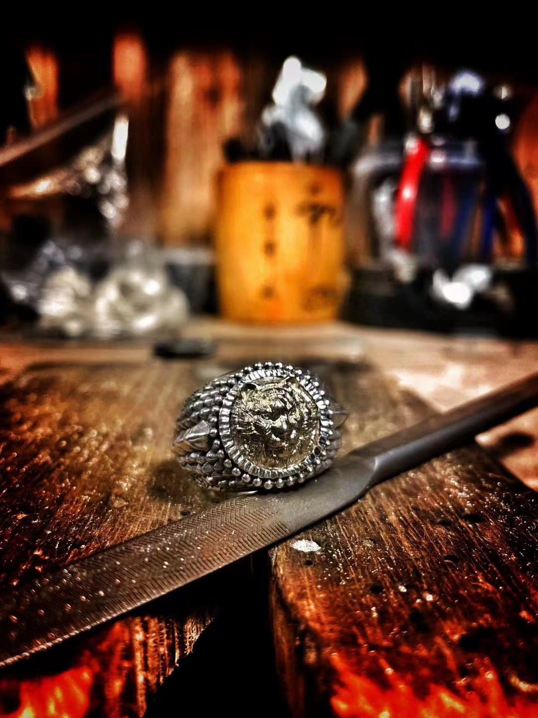 Tiger Head Ring with Dragon Scale Band