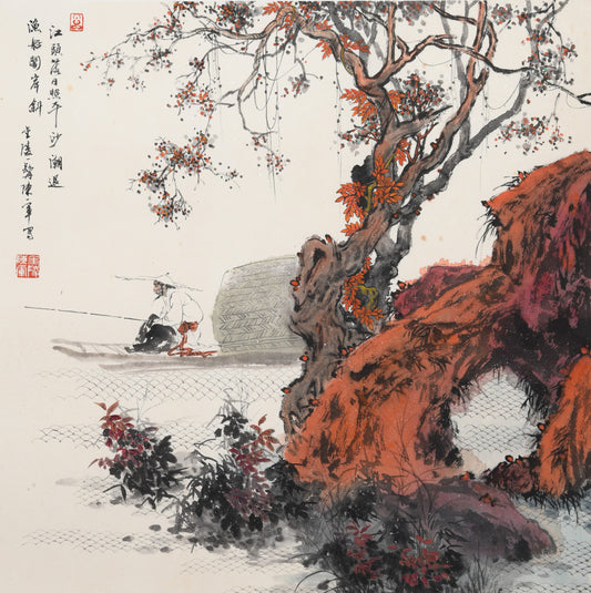 Vintage Traditional Chinese Heavy Ink Painting – "Solitary Fishing in Autumn River" (Qiū Jiāng Dú Diào) by Chen Yijun