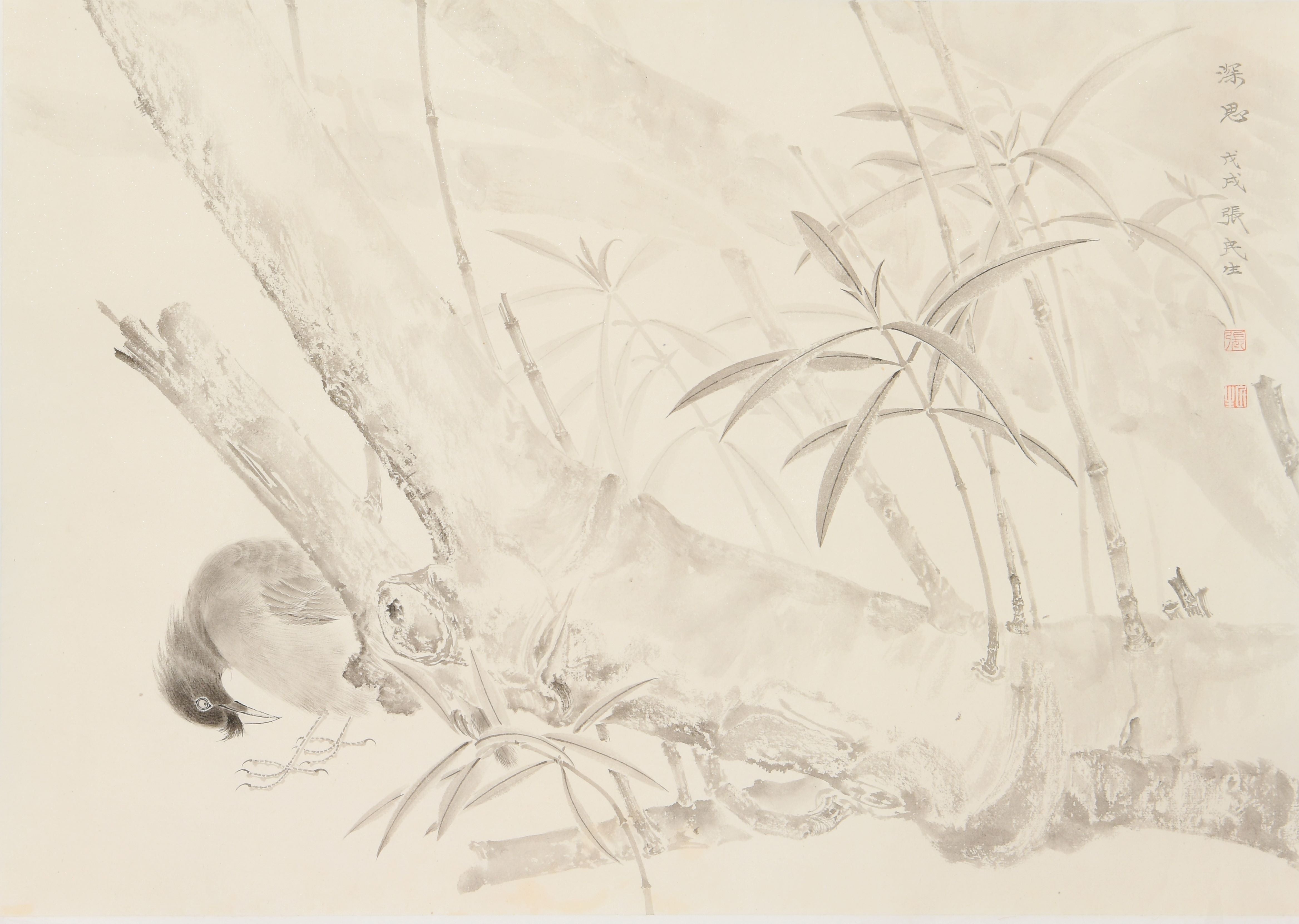 "Deep Contemplation" (Shēn Sī) by Zhang Minsheng – Masterful Traditional Chinese Meticulous Flower & Bird Painting