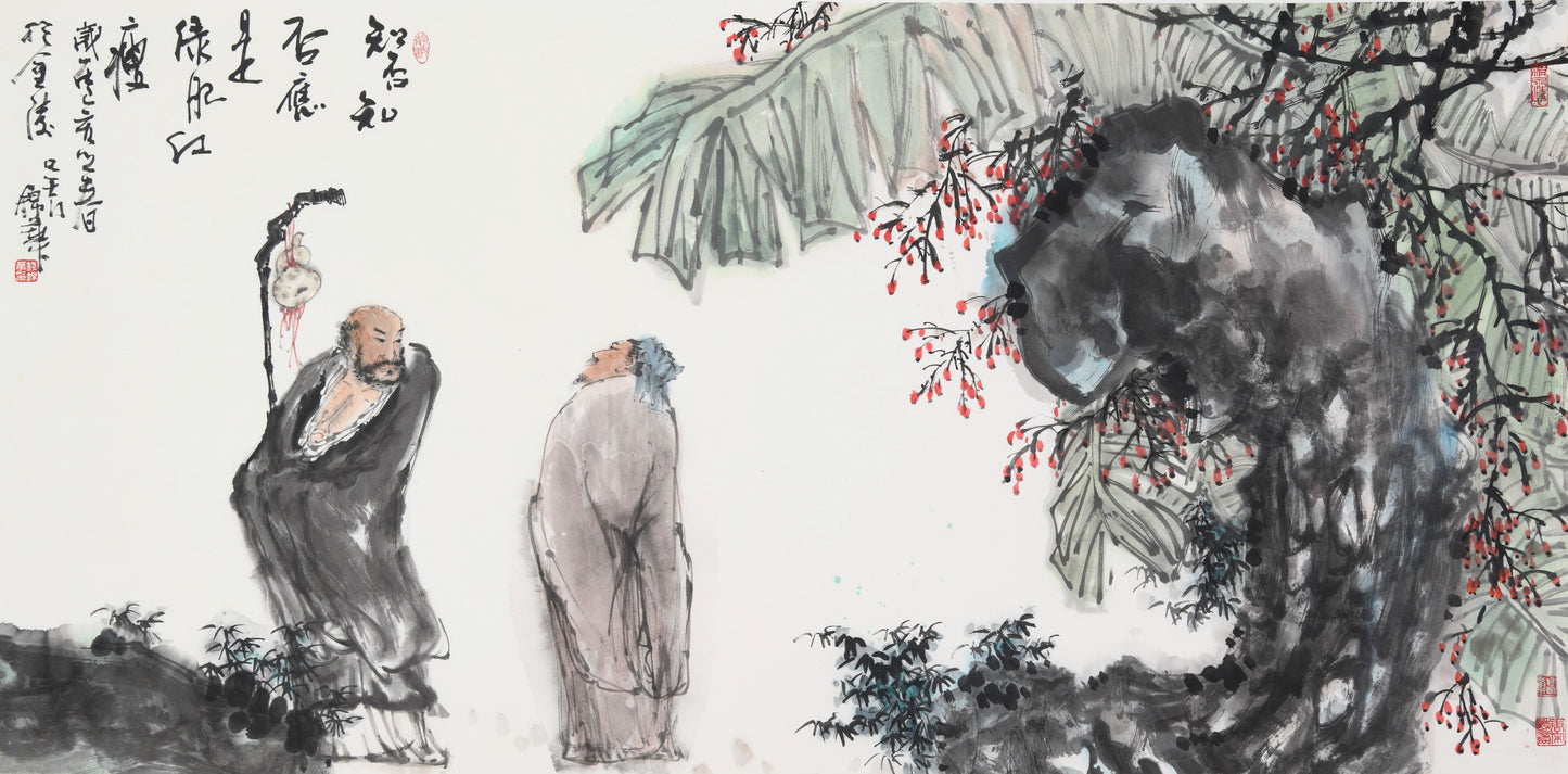 Exquisite Traditional Chinese Figure Painting – "Lush Green and Delicate Red (Lǜ Féi Hóng Shòu)" by Renowned Artist Qian Jinhua